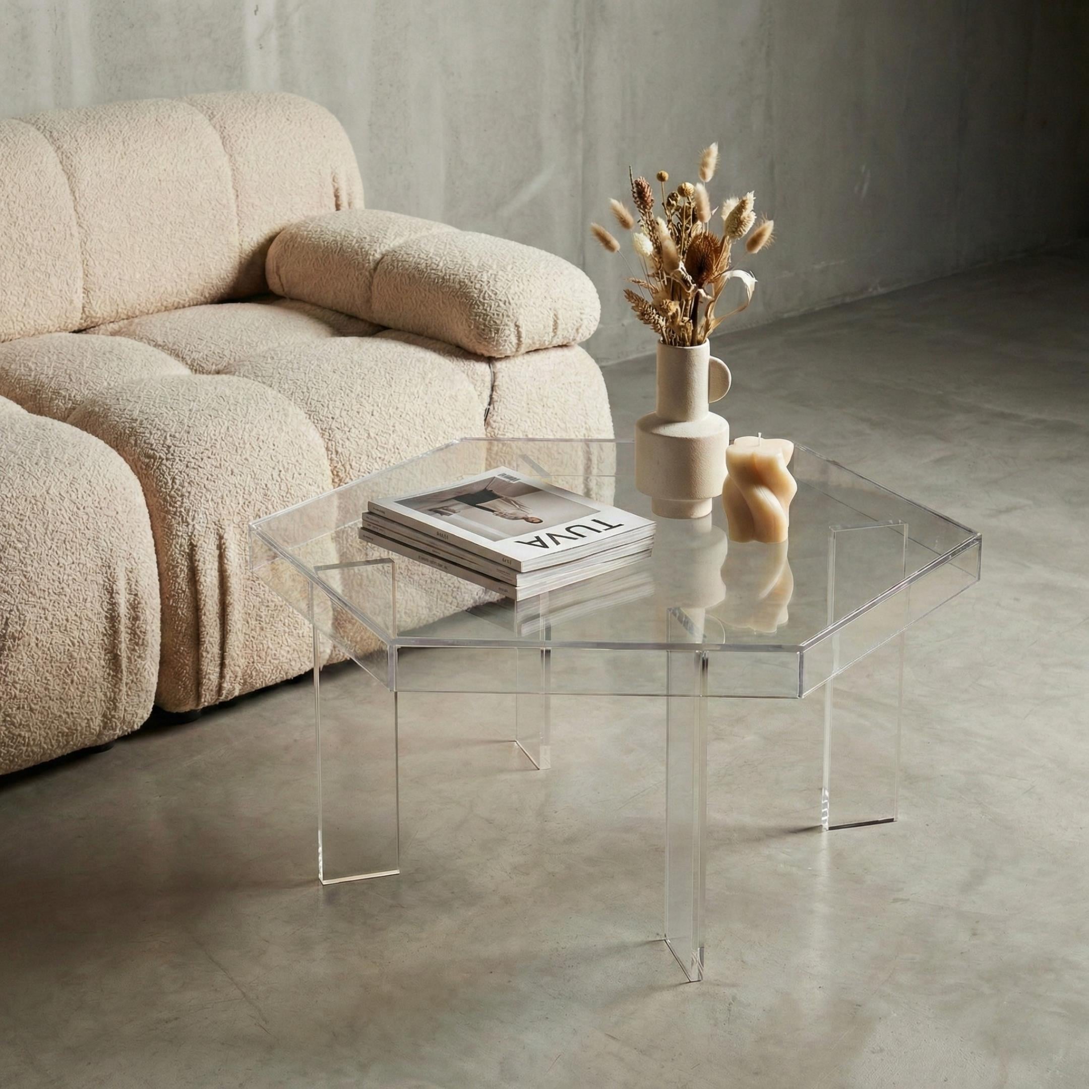 HEXORA | Şeffaf Pleksi Altıgen Form Orta Sehpa | Modern & Minimal Tasarım