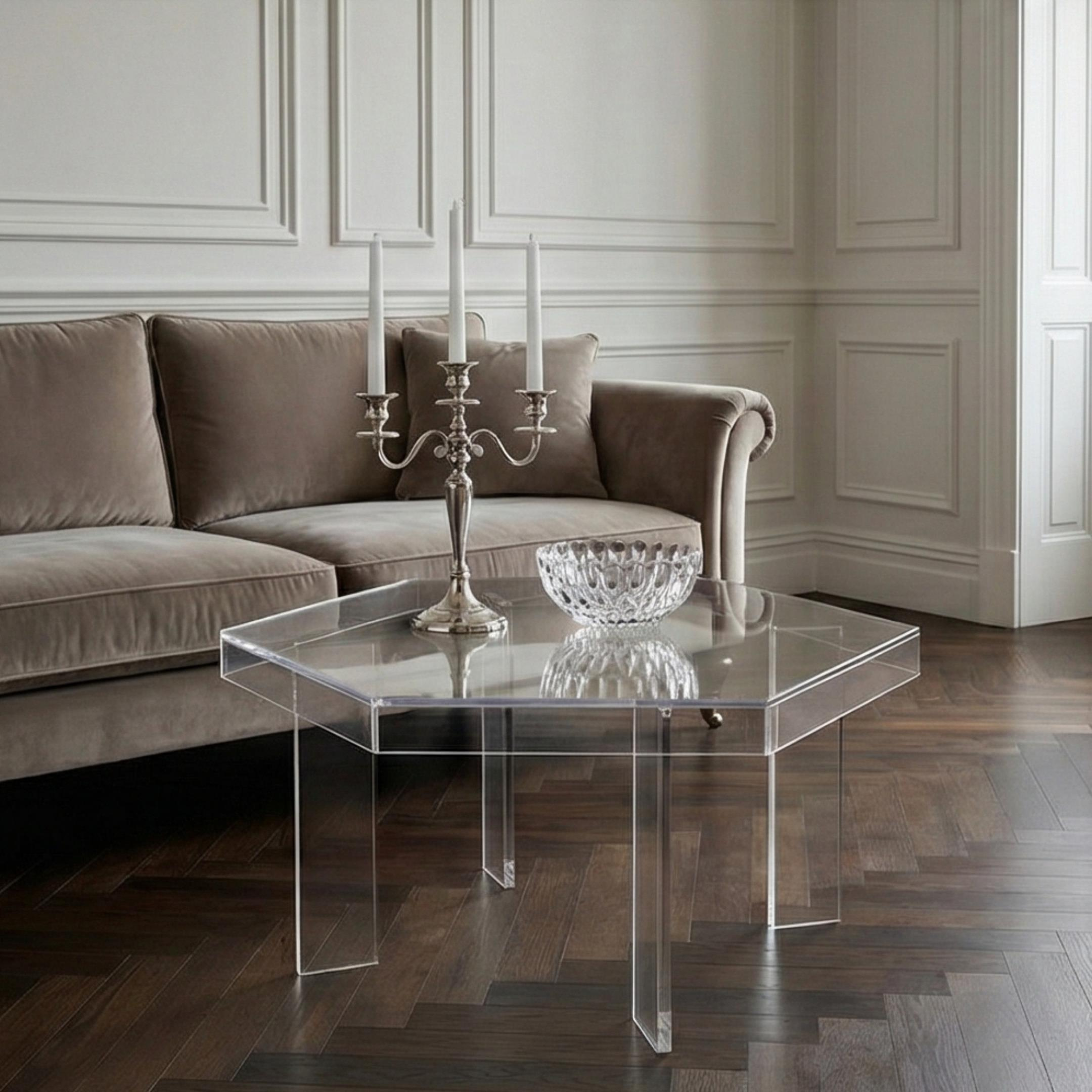HEXORA | Şeffaf Pleksi Altıgen Form Orta Sehpa | Modern & Minimal Tasarım