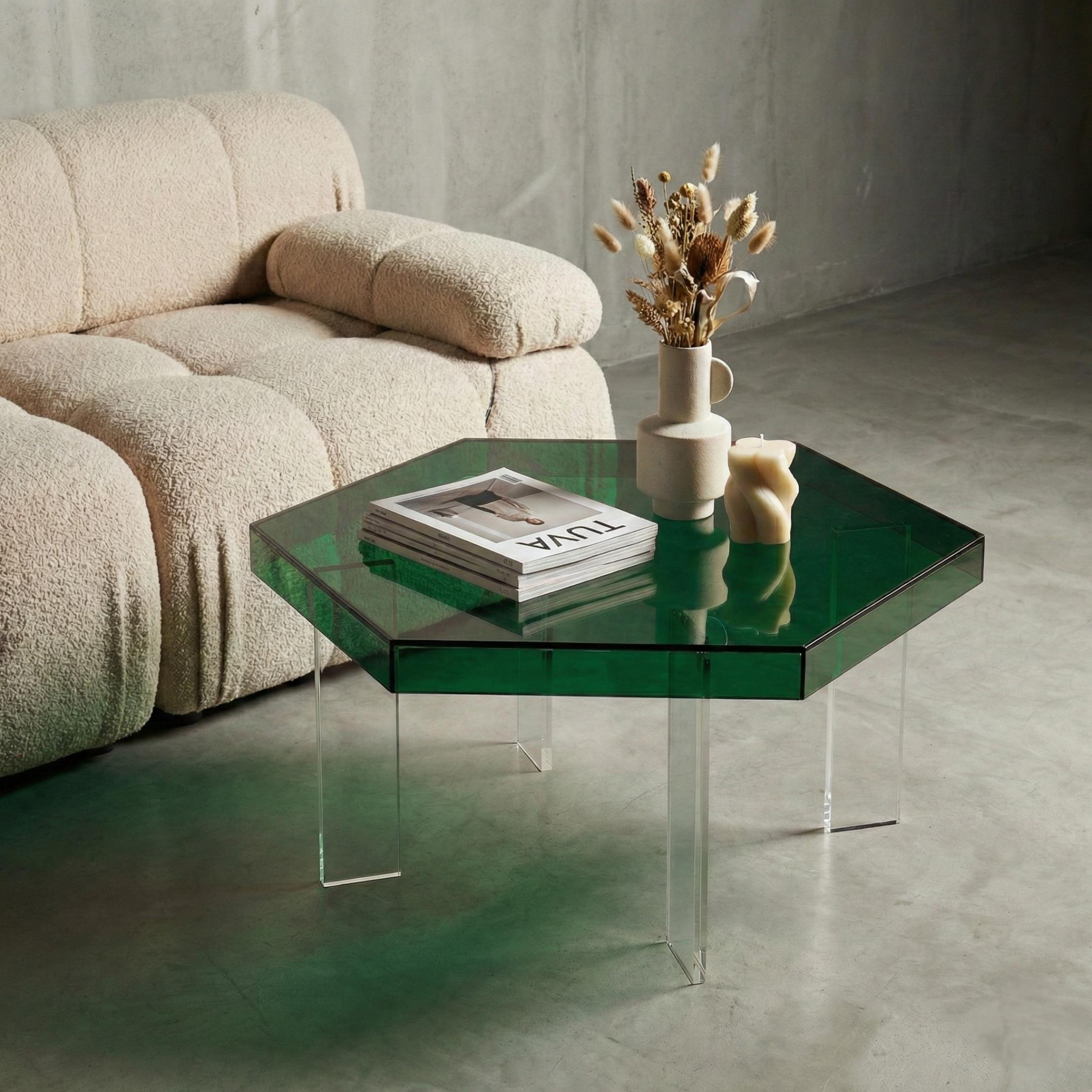 HEXORA | Şeffaf Pleksi Altıgen Form Orta Sehpa | Modern & Minimal Tasarım