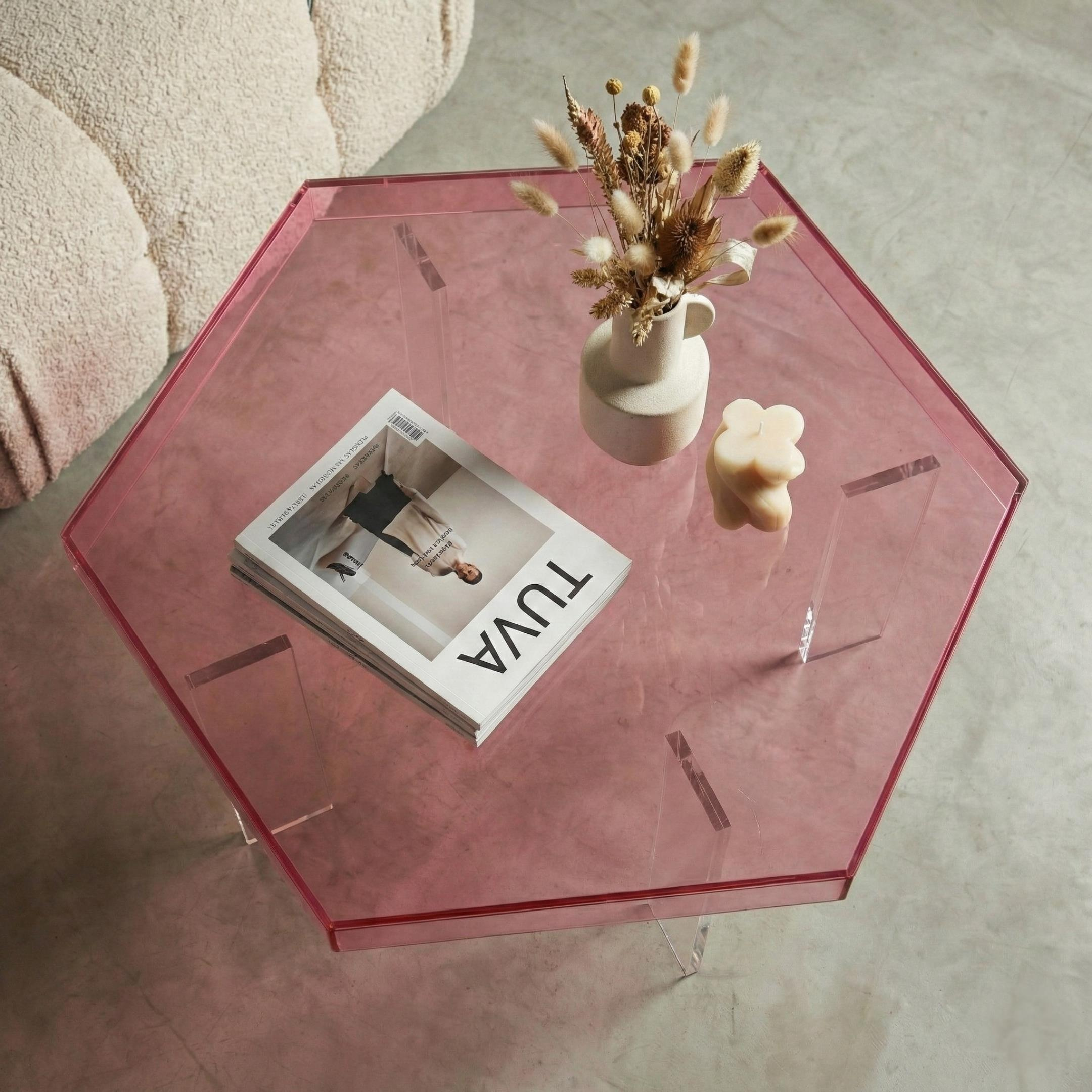 HEXORA | Şeffaf Pleksi Altıgen Form Orta Sehpa | Modern & Minimal Tasarım