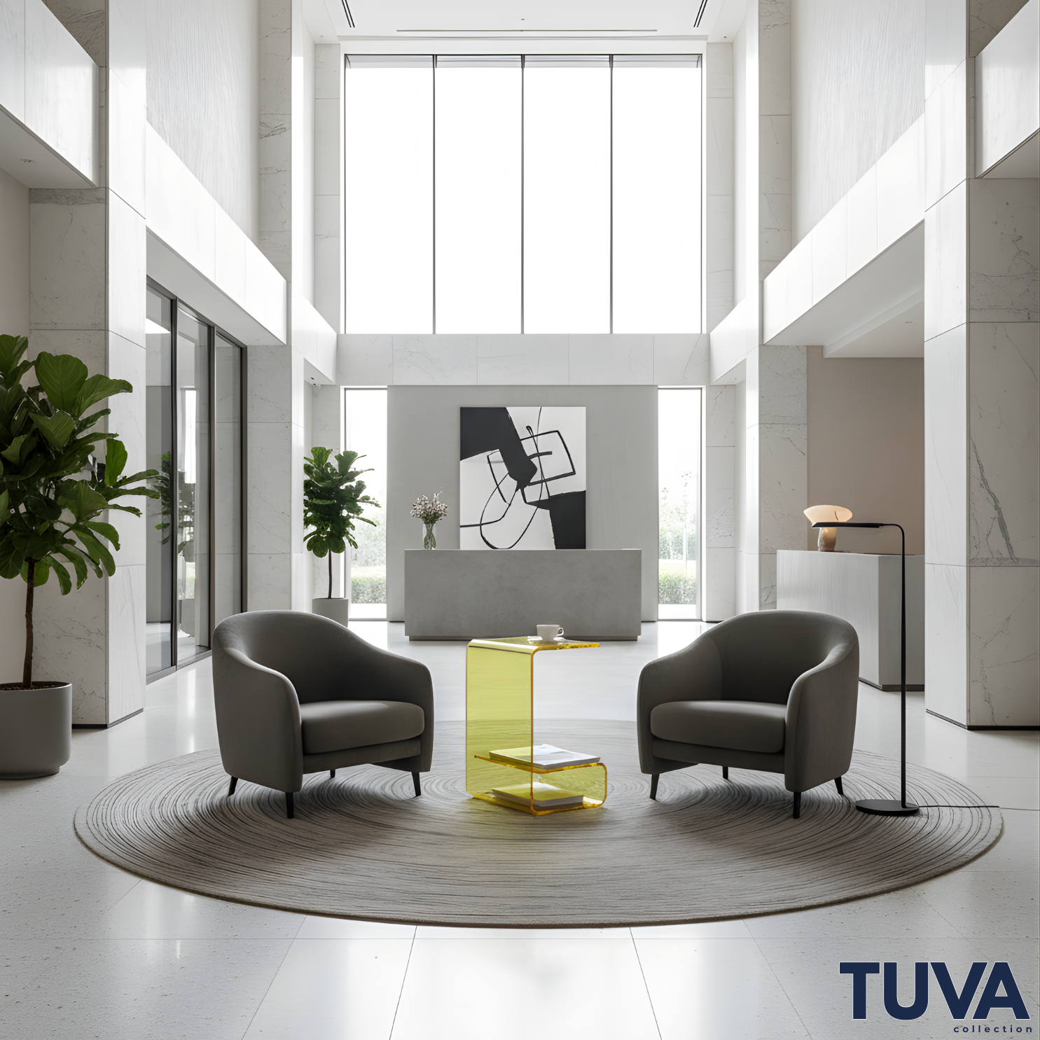 Lúmen – Tek Parça Bükümlü Şeffaf Akrilik Alt Raflı Modern C Sehpa | Tuva Avangard ve Elit Tasarım