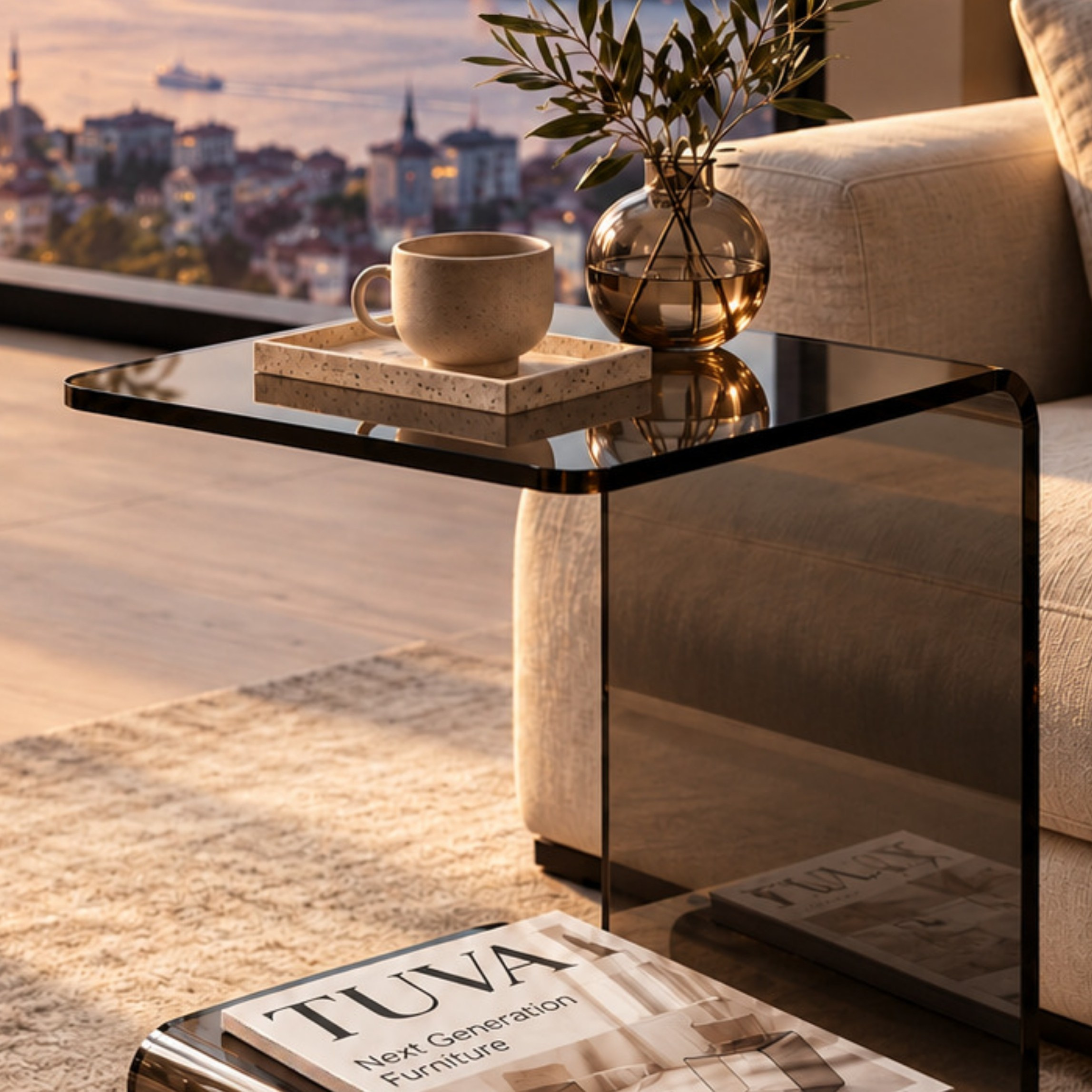 Lúmen | Tek Parça Bükümlü Şeffaf Akrilik Alt Raflı Modern C Sehpa | Tuva Avangard ve Elit Tasarım