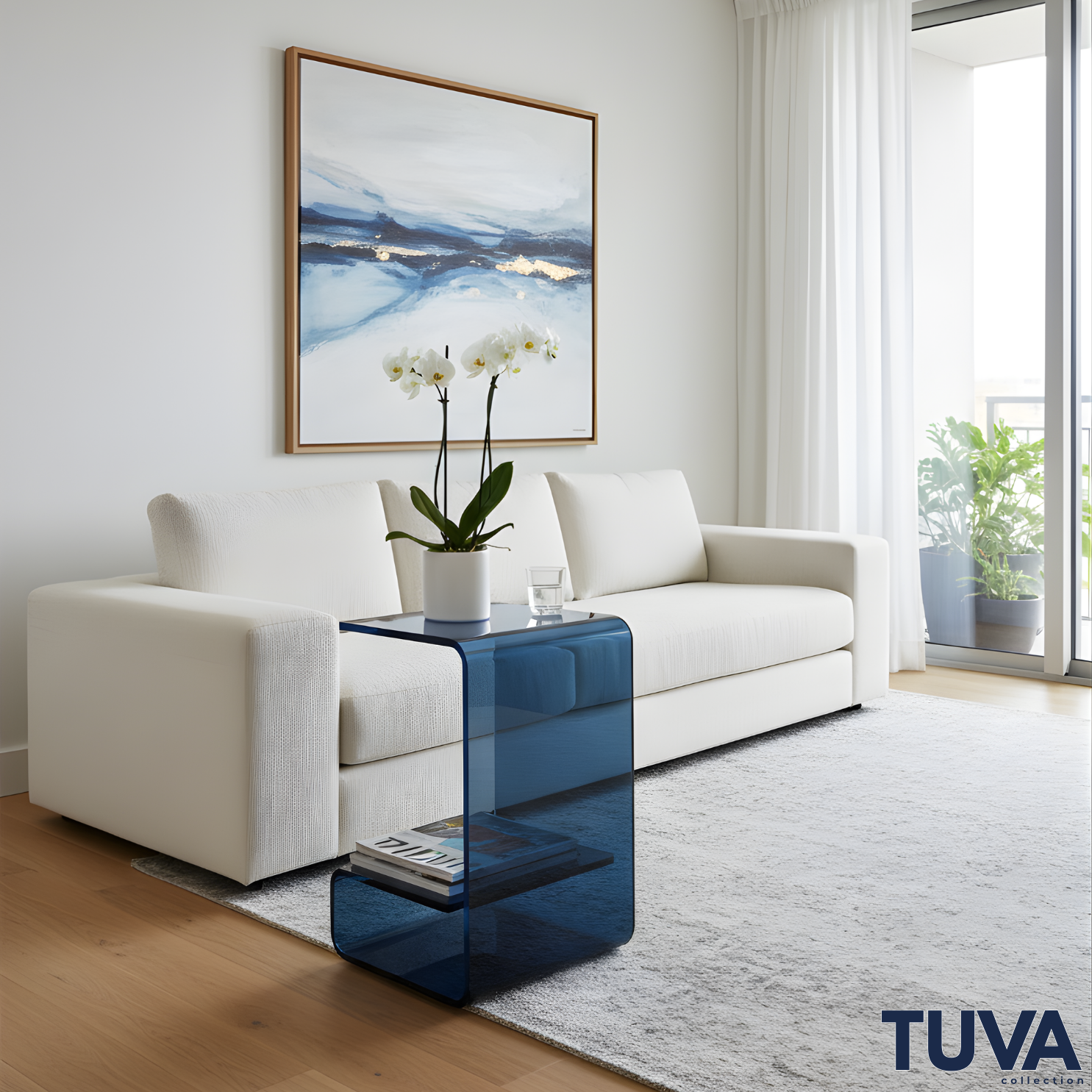 Lúmen – Tek Parça Bükümlü Şeffaf Akrilik Alt Raflı Modern C Sehpa | Tuva Avangard ve Elit Tasarım