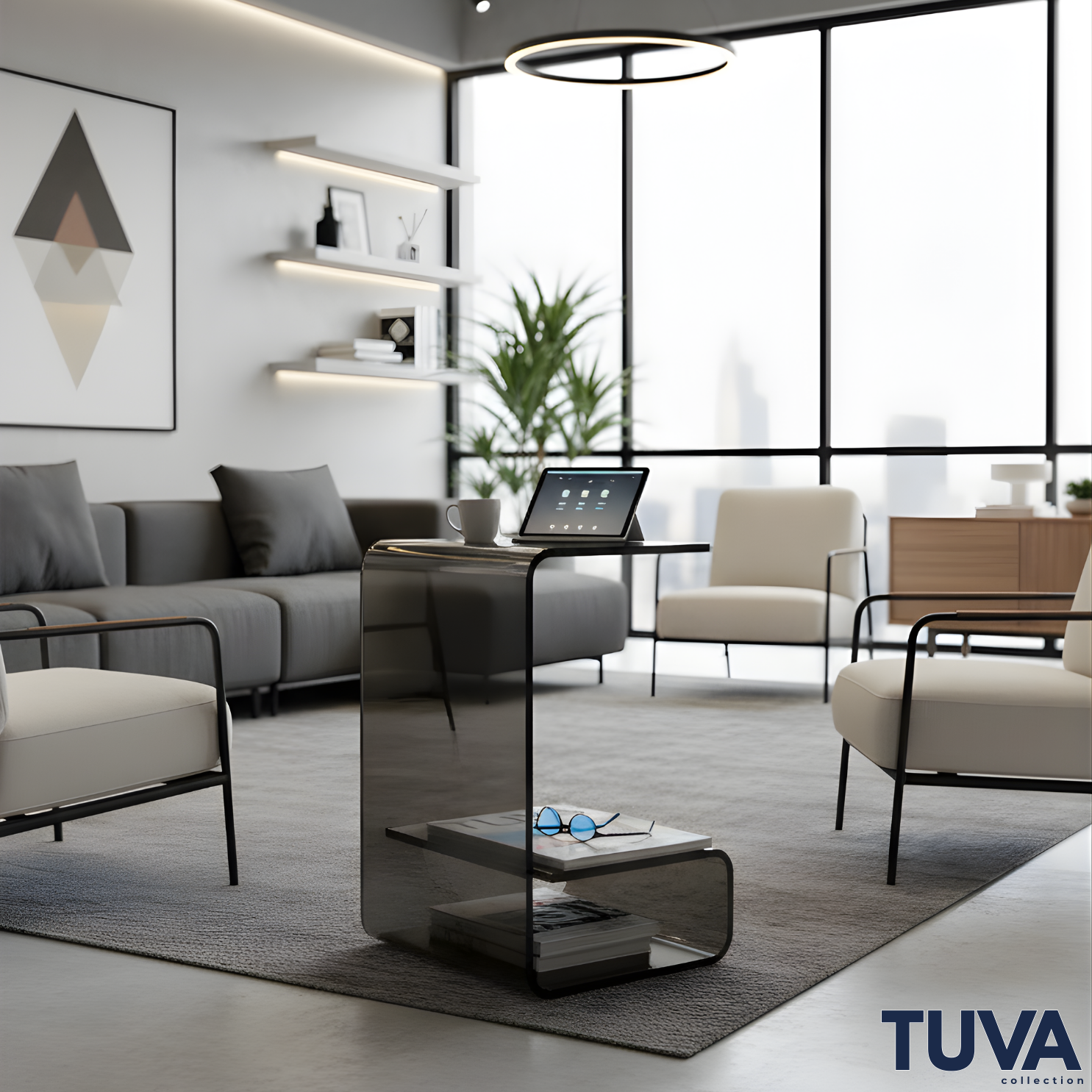 Lúmen – Tek Parça Bükümlü Şeffaf Akrilik Alt Raflı Modern C Sehpa | Tuva Avangard ve Elit Tasarım
