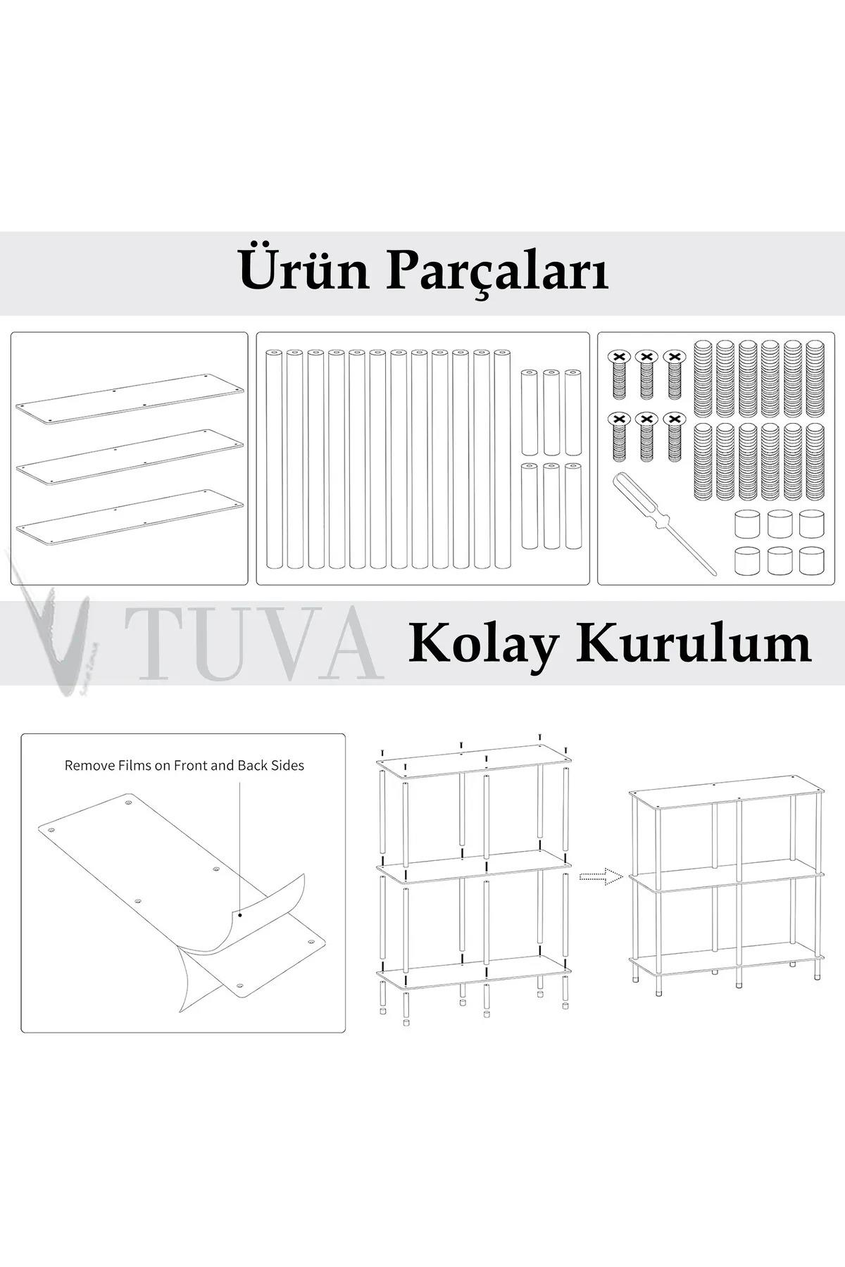 Modern Tuva Akrilik 3 Kat Raflı Elit Çubuk Ayak Şeffaf Pleksi Sehpa Komodin | Kolay Kurulum Demonte Premium Yan Sehpa