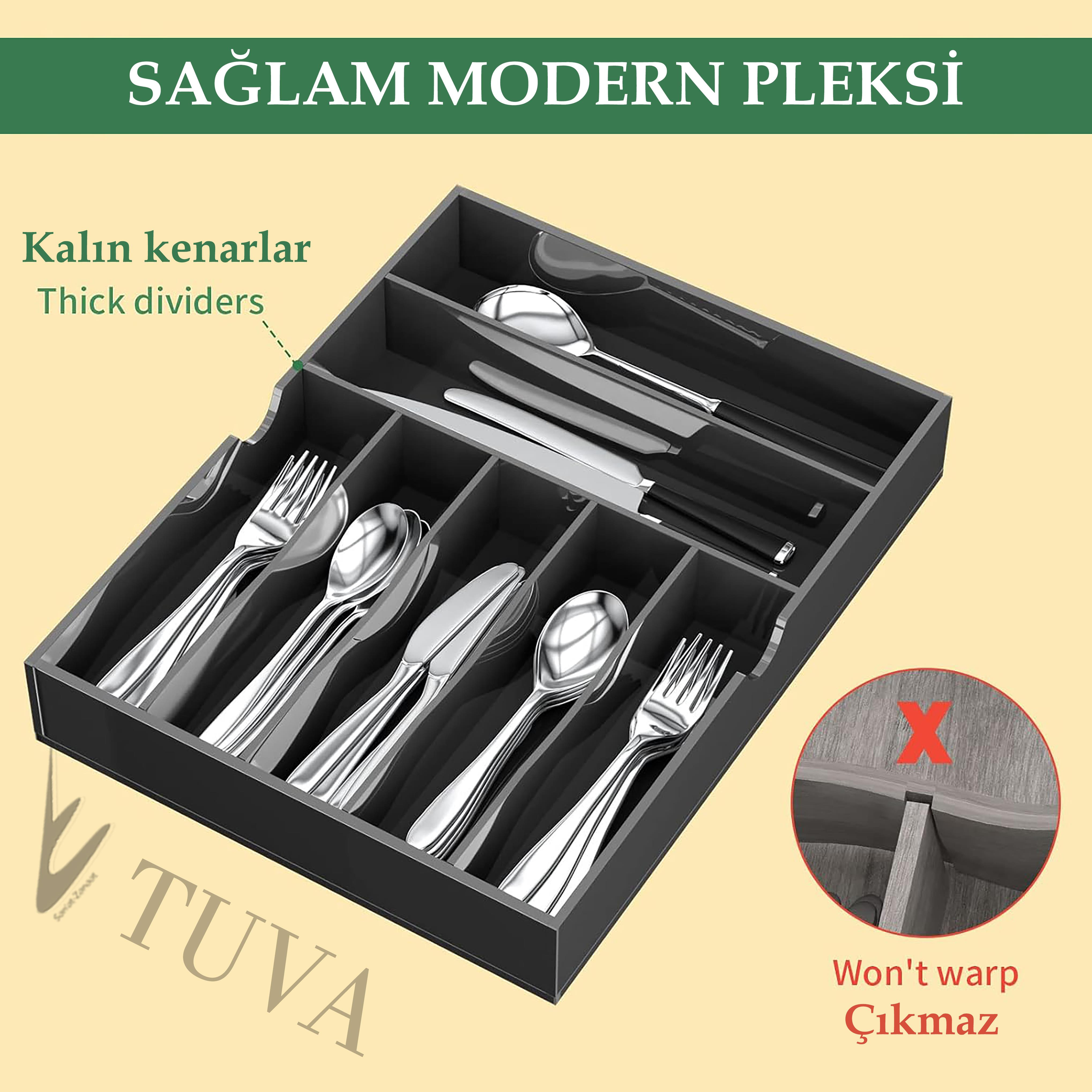 Modern Tuva Elit Çatal Kaşık Bıçak Organizer | Dolap İçi Çok Amaçlı Düzenleyici | Kafe, Restoran & Mutfak | Siyah & Şeffaf Seçenekli