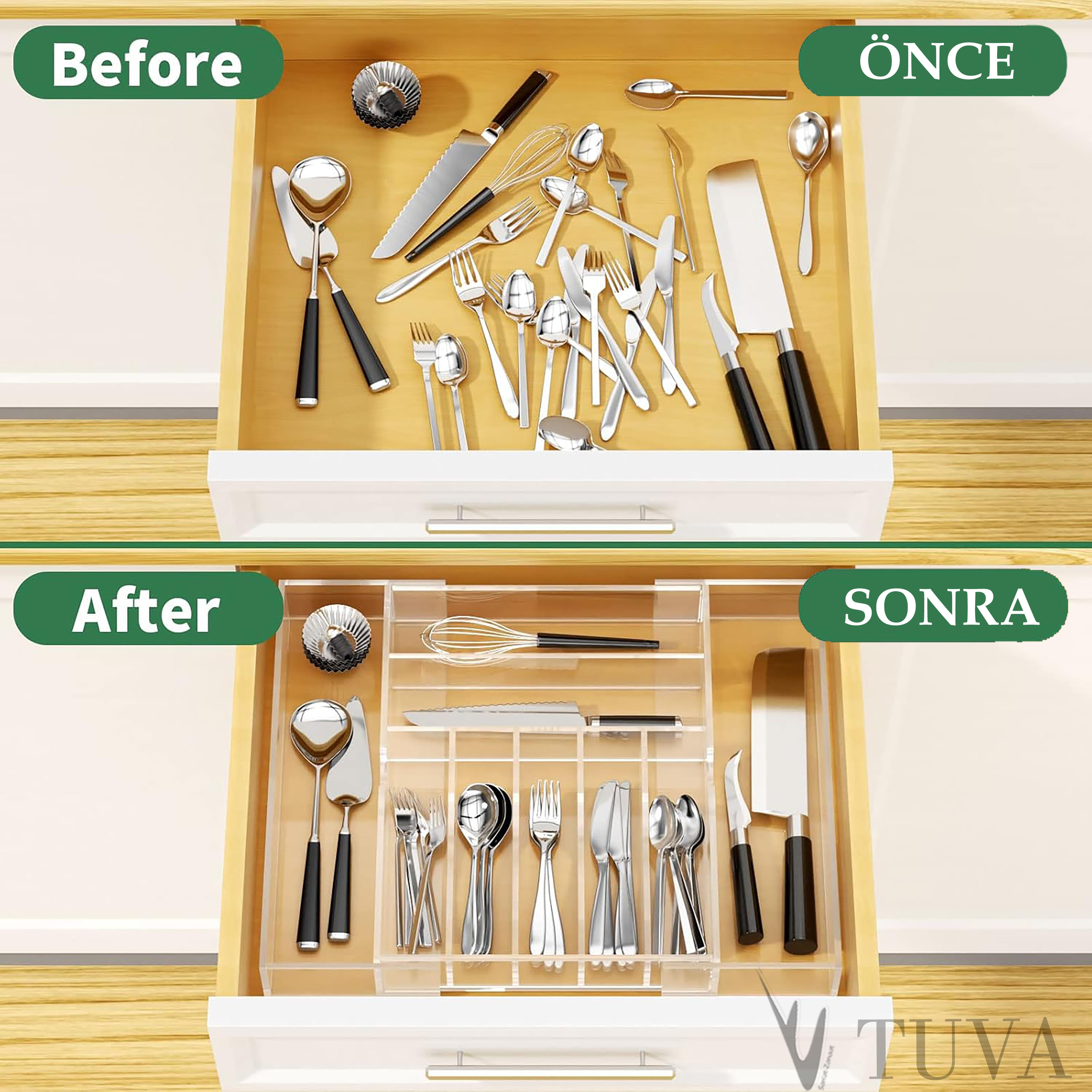 Modern Tuva Elit Çatal Kaşık Bıçak Organizer | Dolap İçi Çok Amaçlı Düzenleyici | Kafe, Restoran & Mutfak | Siyah & Şeffaf Seçenekli