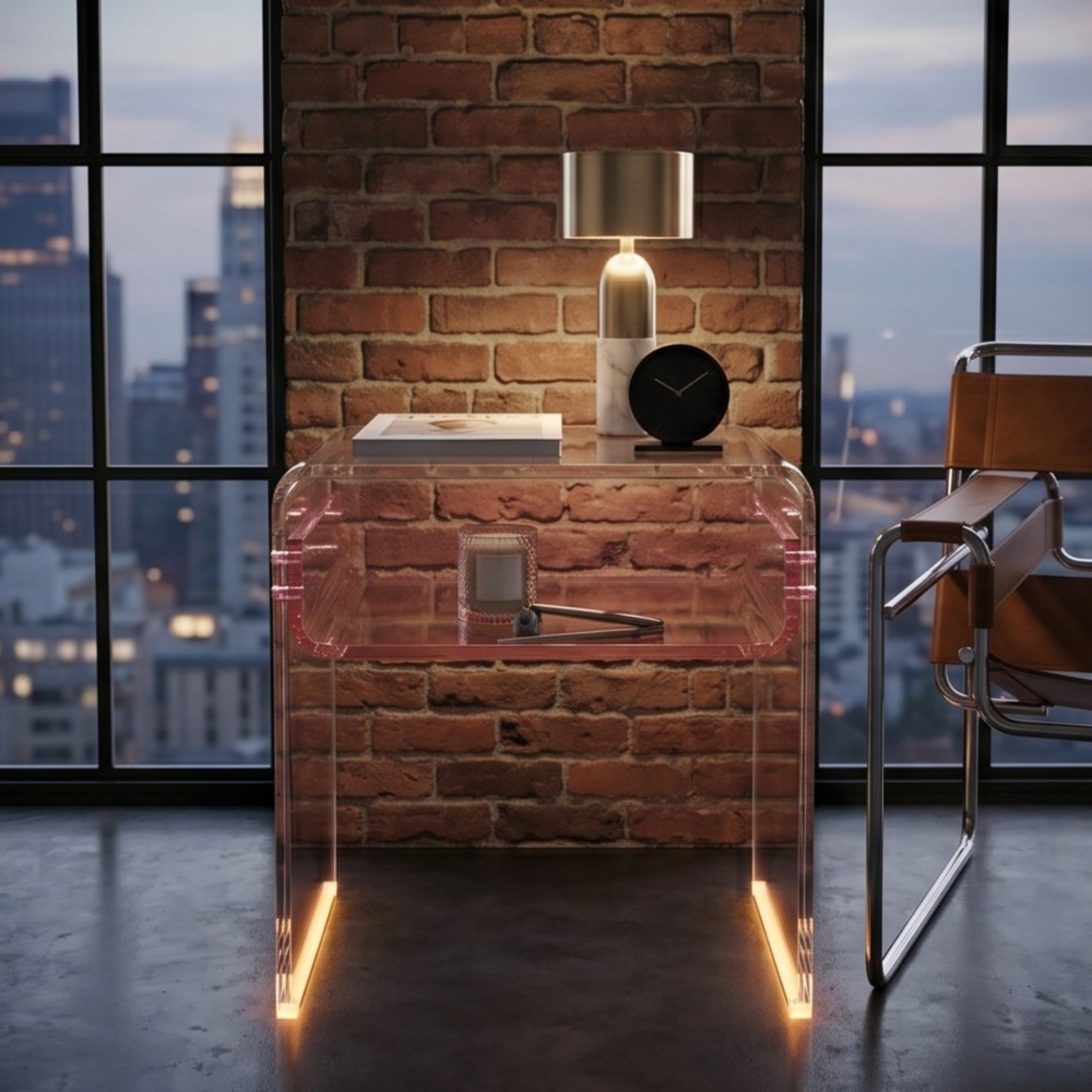ORBITA SHINE | Led Ayaklı Büküm Raflı Pleksi Yan Sehpa Komodin | TUVA - Orbit Collection