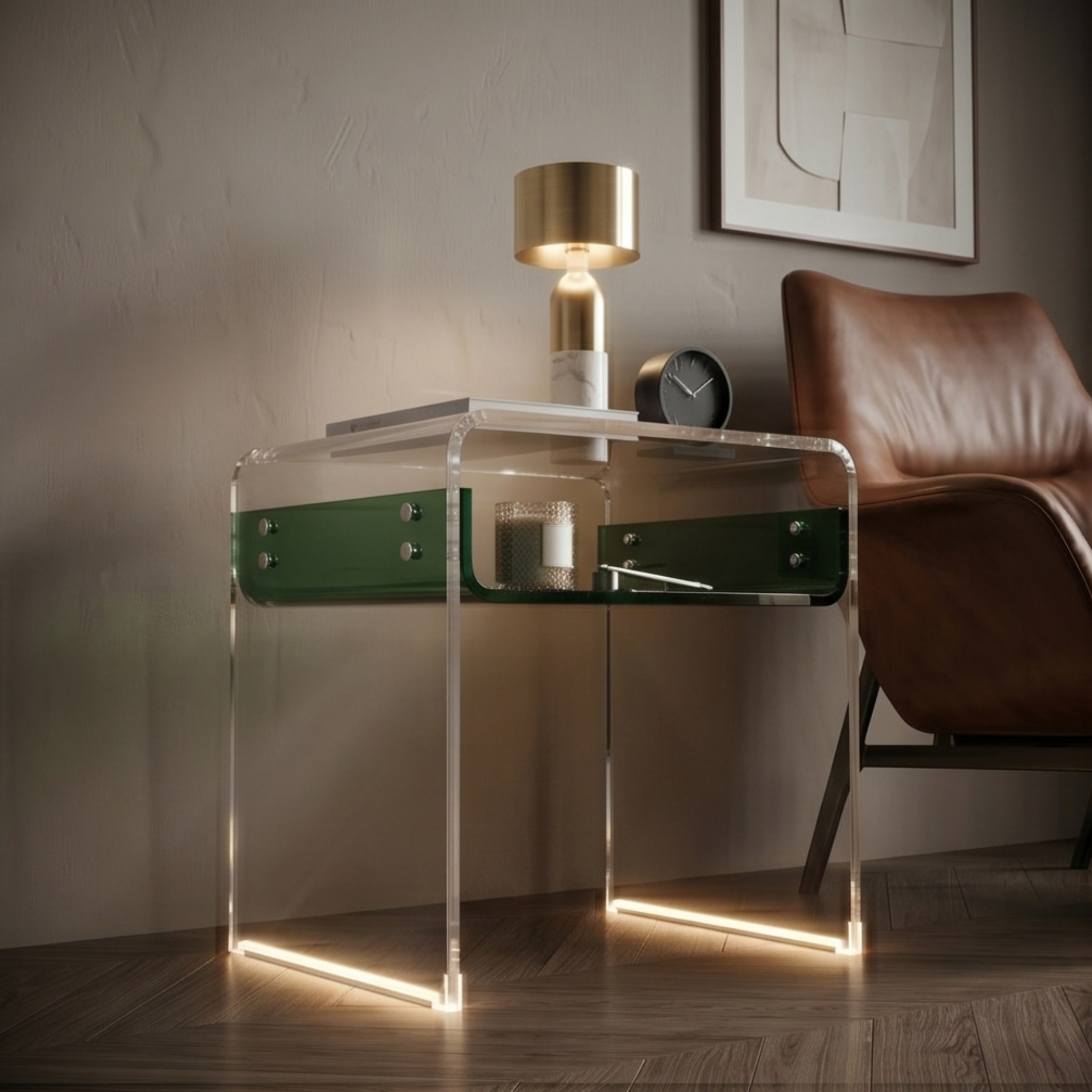 ORBITA SHINE | Led Ayaklı Büküm Raflı Pleksi Yan Sehpa Komodin | TUVA - Orbit Collection