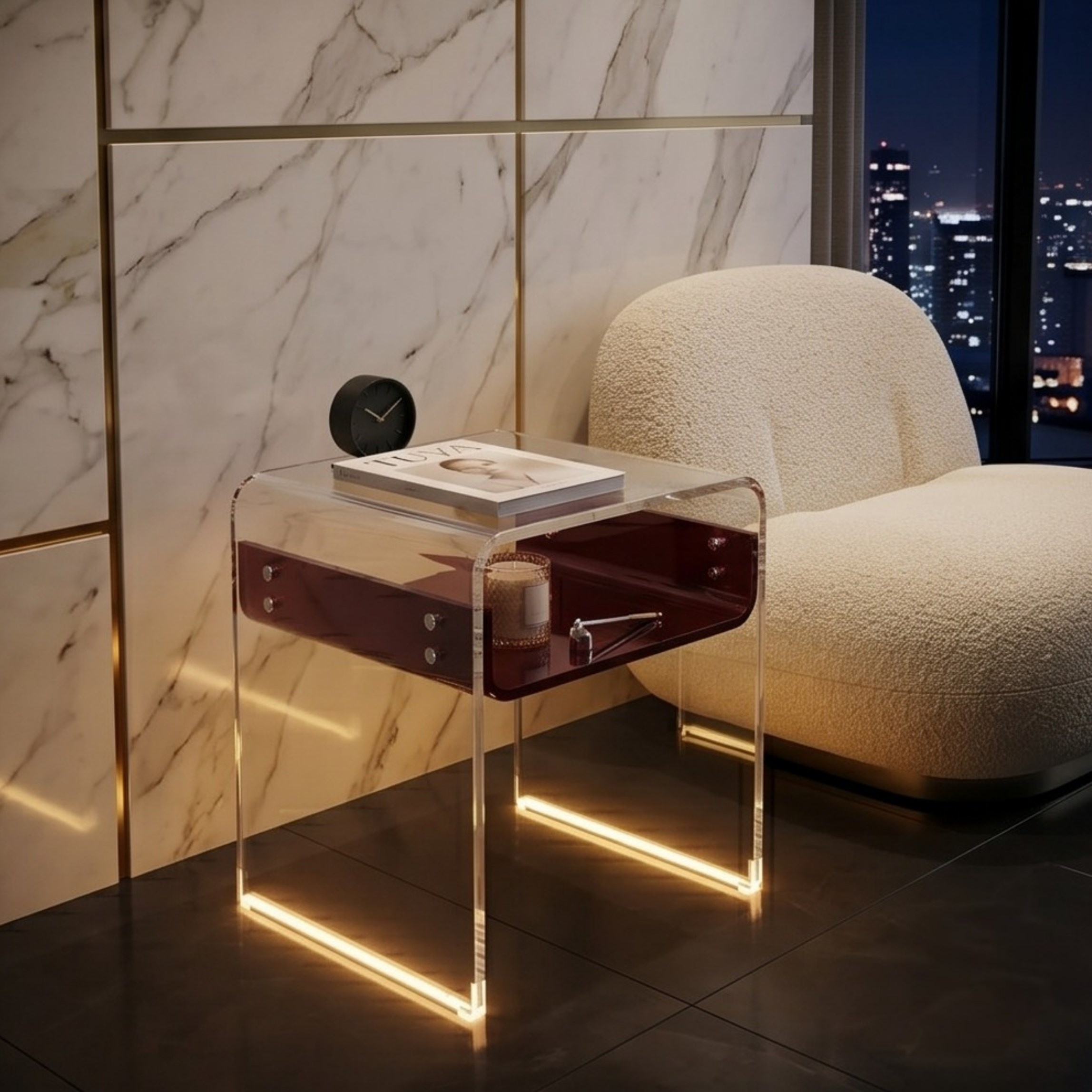 ORBITA SHINE | Led Ayaklı Büküm Raflı Pleksi Yan Sehpa Komodin | TUVA - Orbit Collection