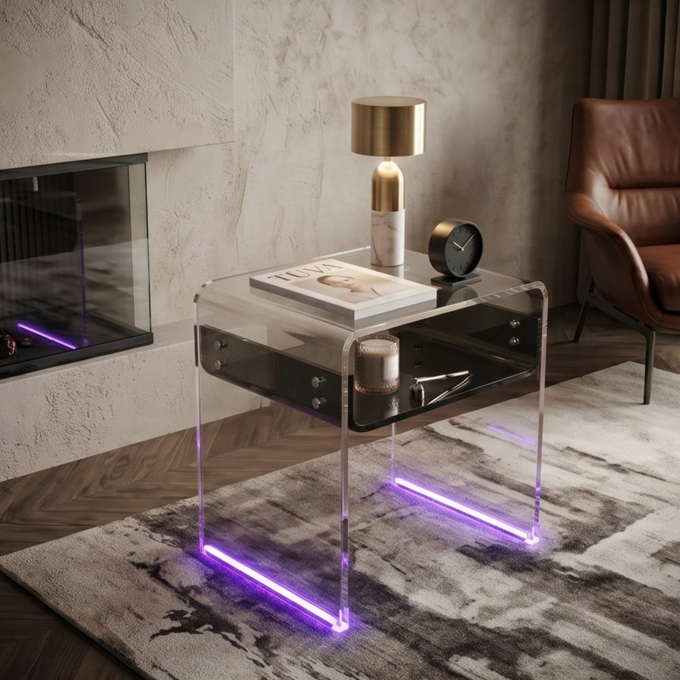 ORBITA SHINE | Led Ayaklı Büküm Raflı Pleksi Yan Sehpa Komodin | TUVA - Orbit Collection