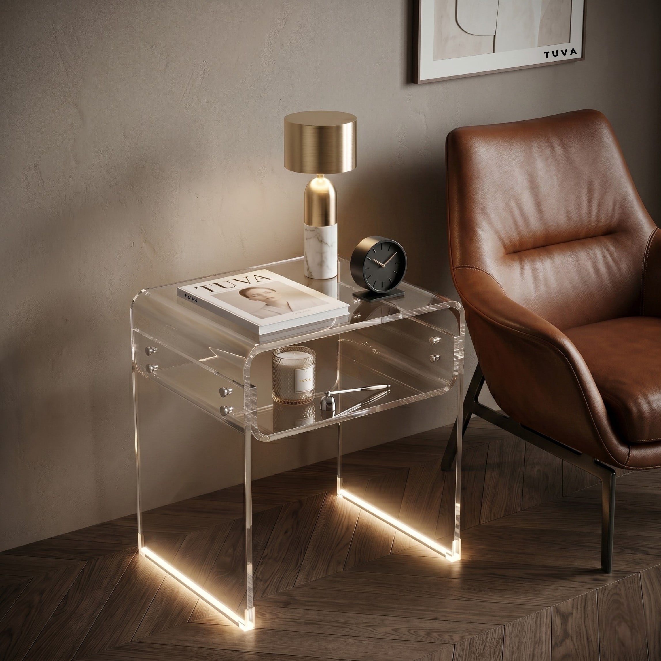 ORBITA SHINE | Led Ayaklı Büküm Raflı Pleksi Yan Sehpa Komodin | TUVA - Orbit Collection