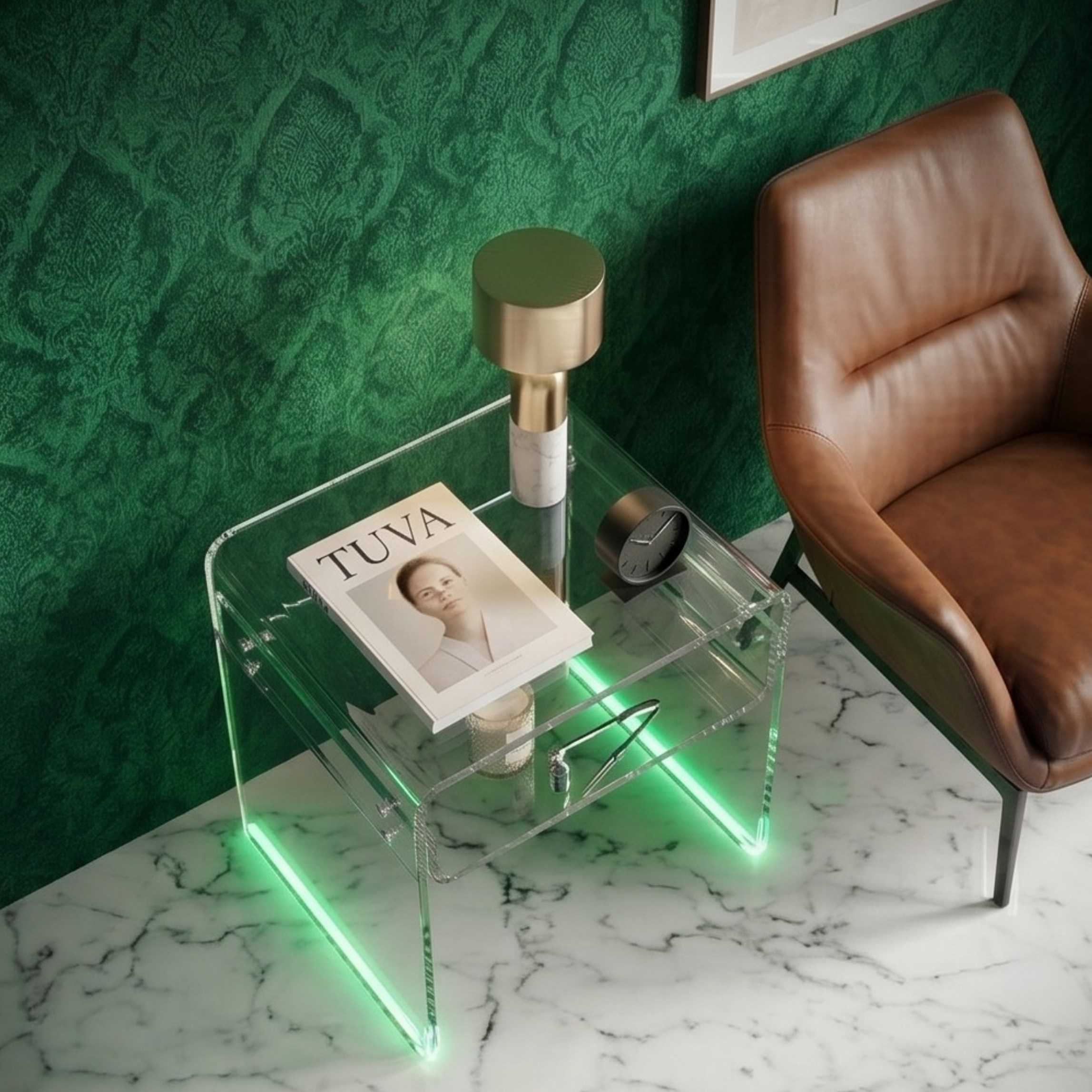 ORBITA SHINE | Led Ayaklı Büküm Raflı Pleksi Yan Sehpa Komodin | TUVA - Orbit Collection