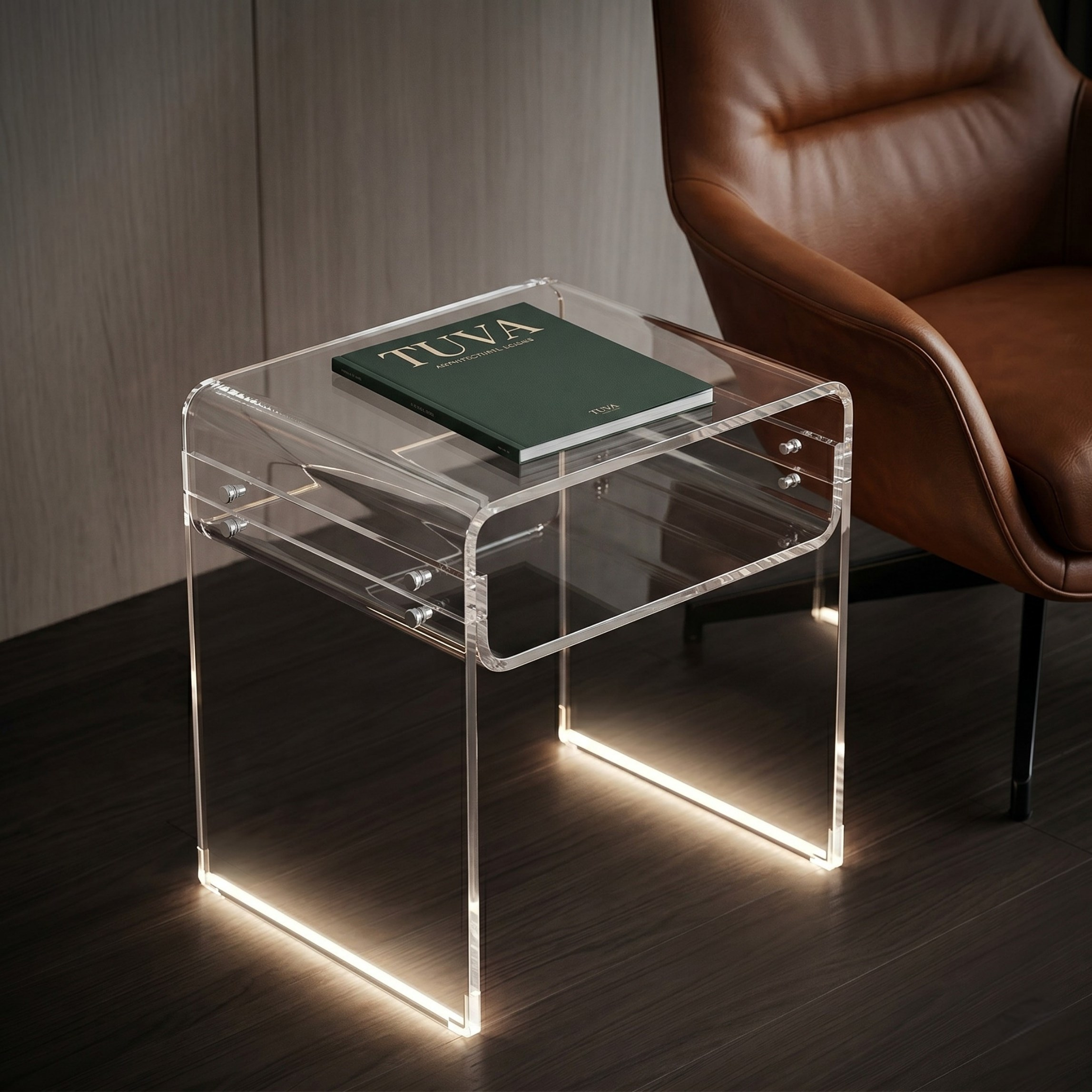 ORBITA SHINE | Led Ayaklı Büküm Raflı Pleksi Yan Sehpa Komodin | TUVA - Orbit Collection