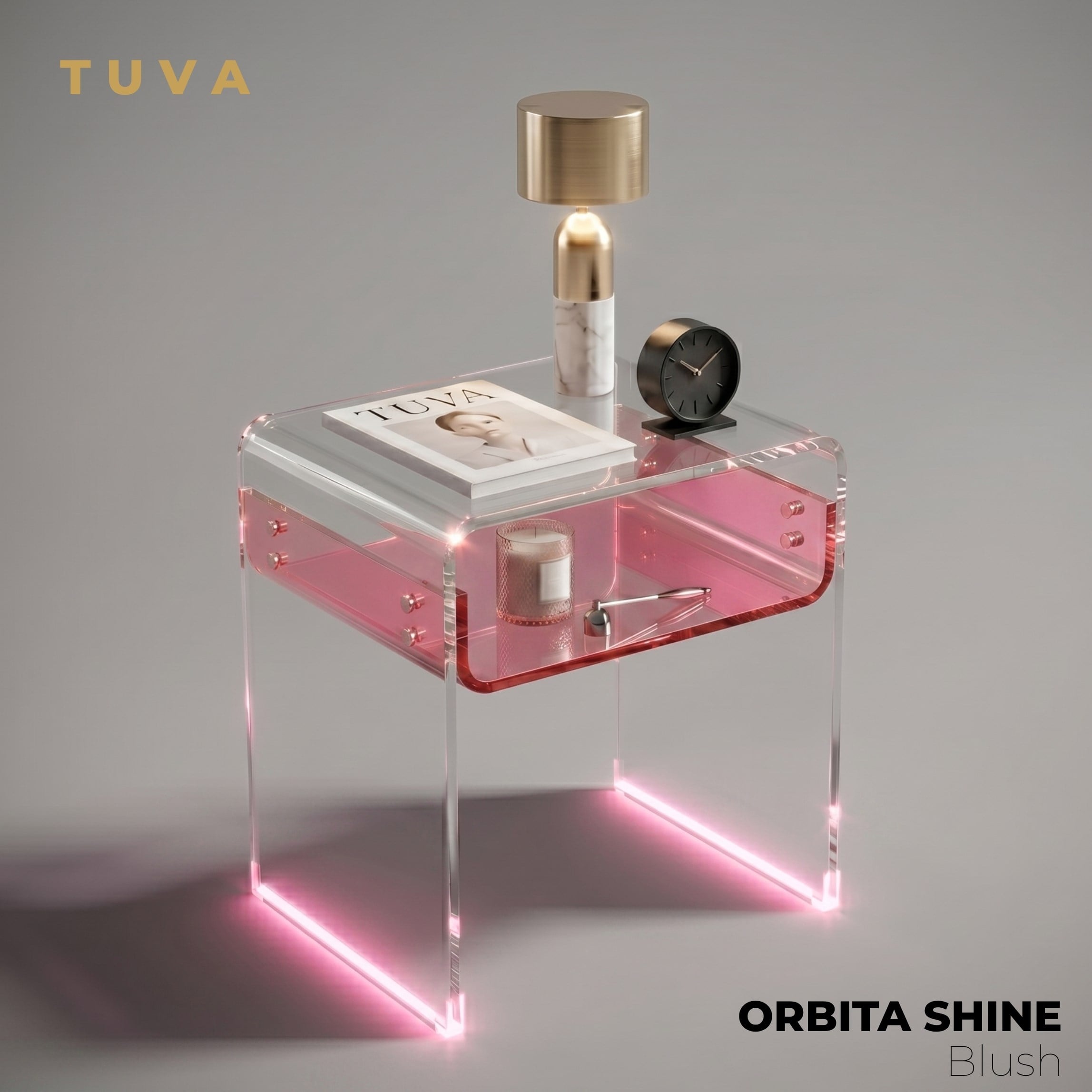 ORBITA SHINE | Led Ayaklı Büküm Raflı Pleksi Yan Sehpa Komodin | TUVA - Orbit Collection