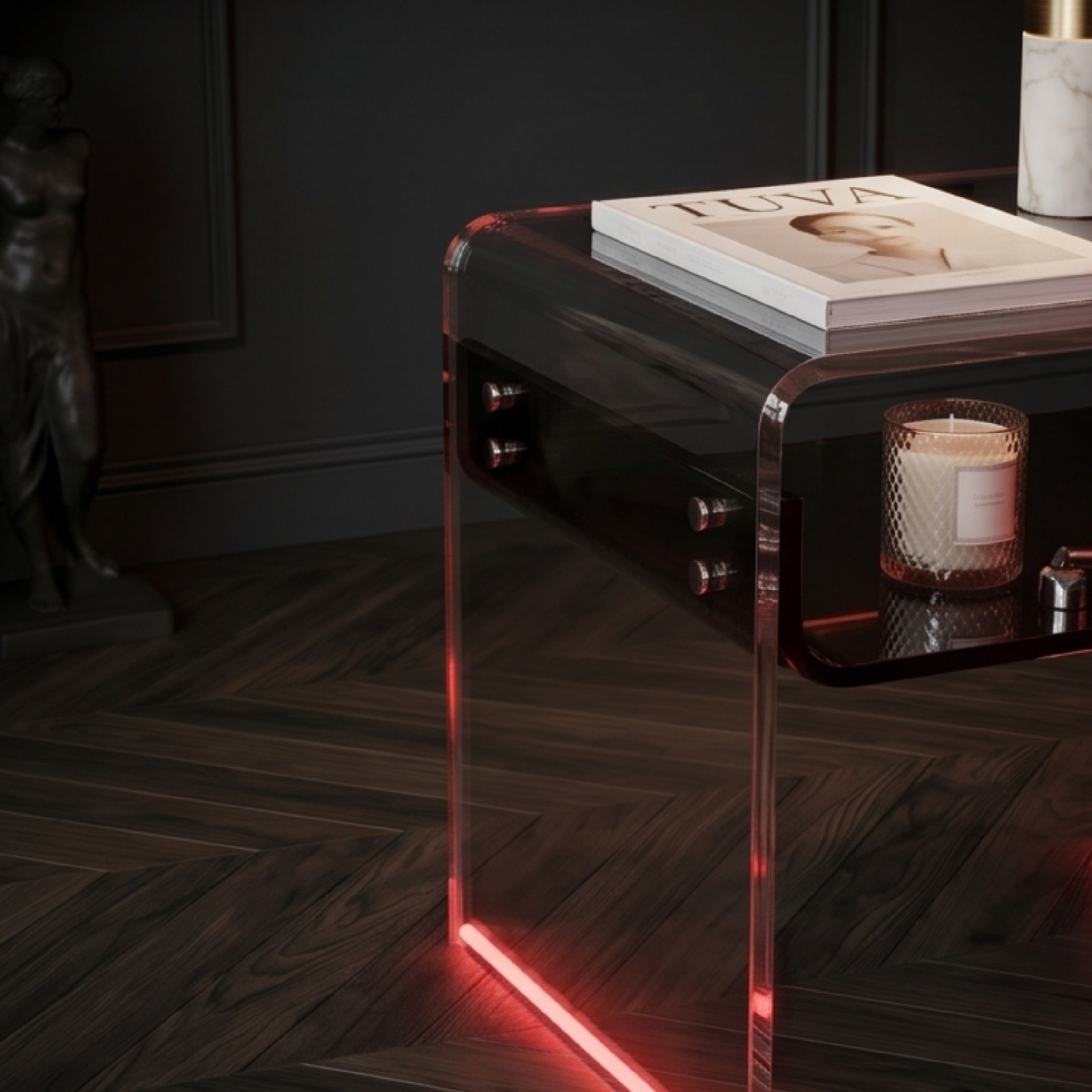 ORBITA SHINE | Led Ayaklı Büküm Raflı Pleksi Yan Sehpa Komodin | TUVA - Orbit Collection