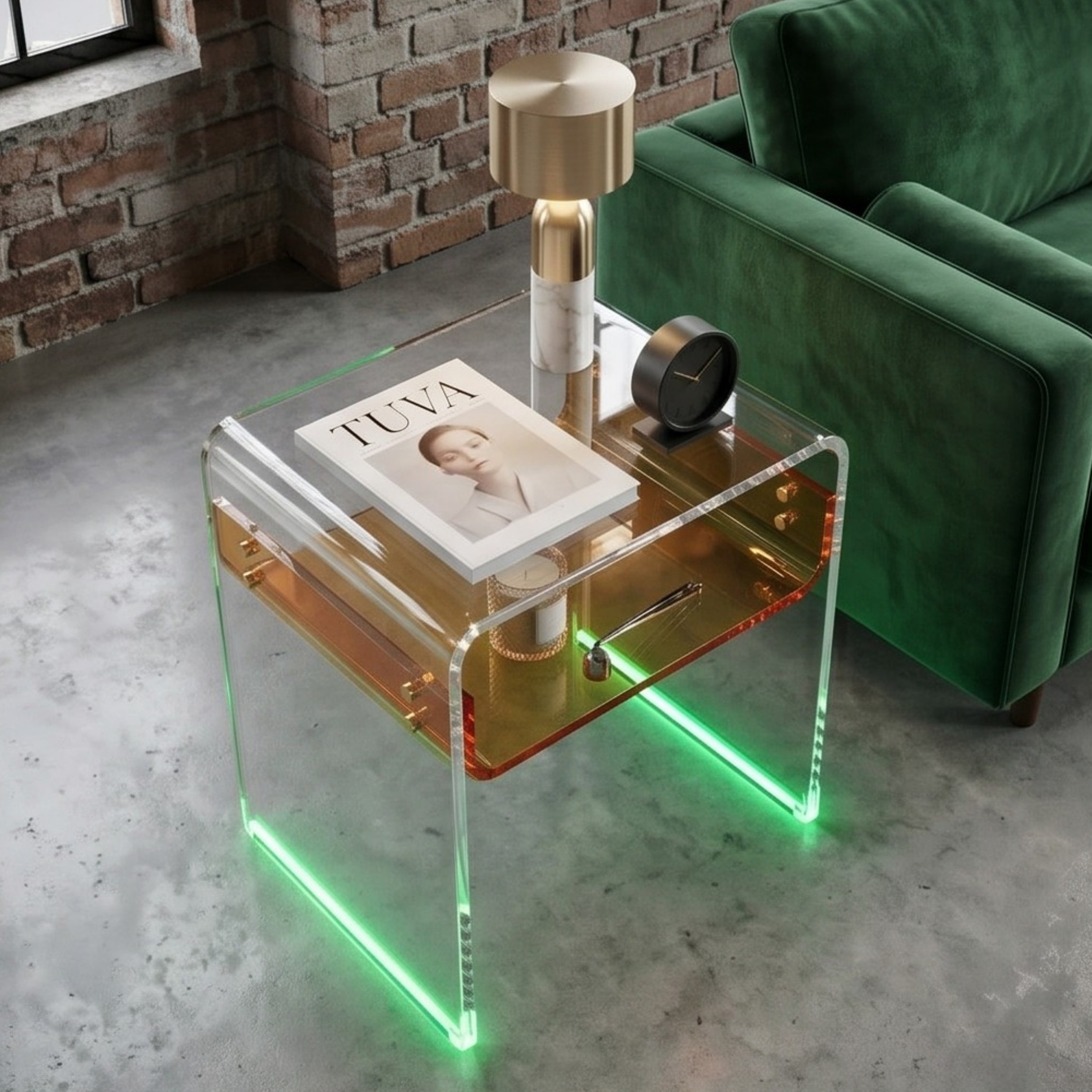 ORBITA SHINE | Led Ayaklı Büküm Raflı Pleksi Yan Sehpa Komodin | TUVA - Orbit Collection