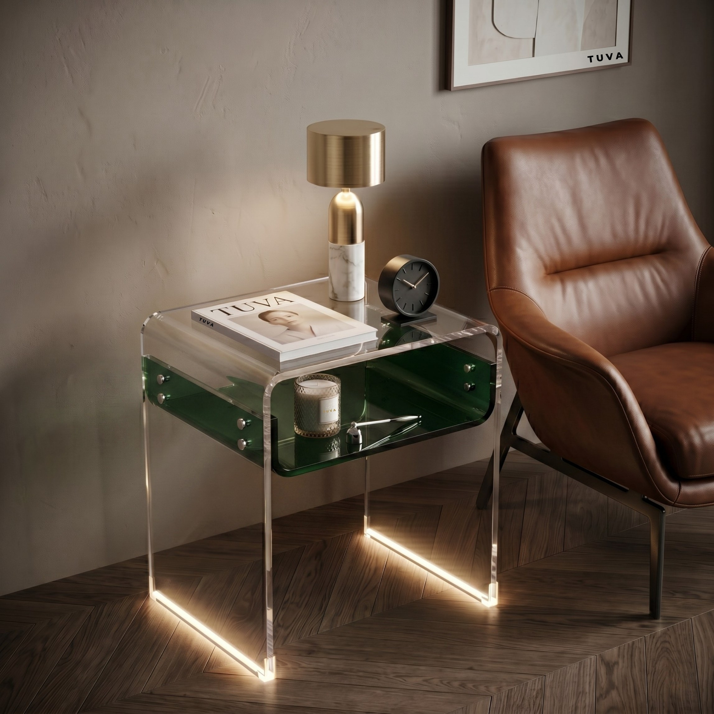 ORBITA SHINE | Led Ayaklı Büküm Raflı Pleksi Yan Sehpa Komodin | TUVA - Orbit Collection