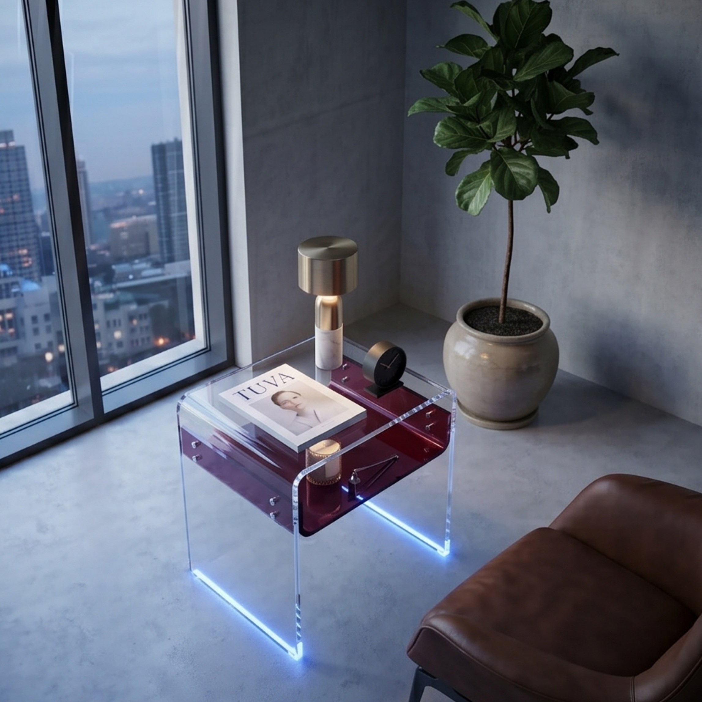 ORBITA SHINE | Led Ayaklı Büküm Raflı Pleksi Yan Sehpa Komodin | TUVA - Orbit Collection