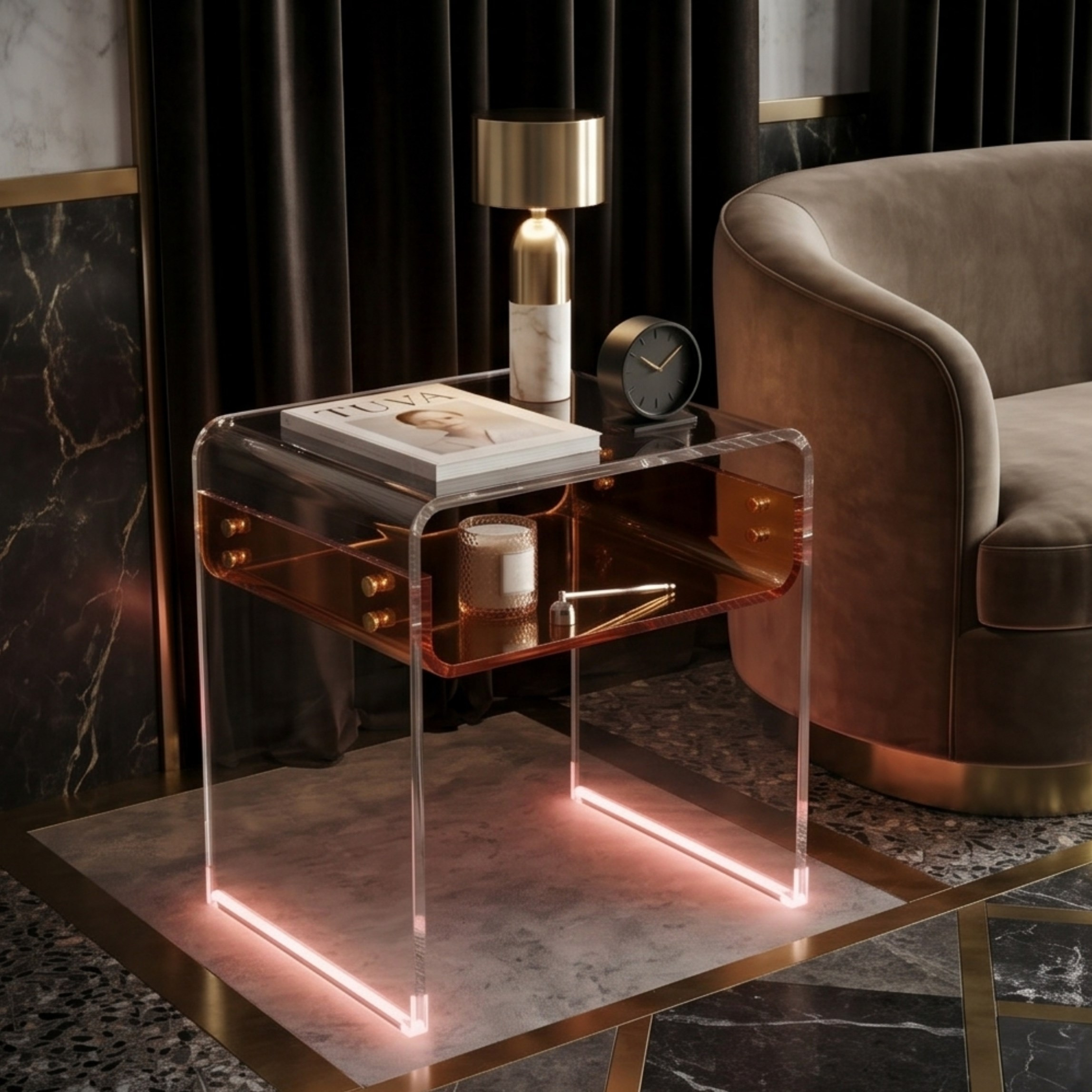 ORBITA SHINE | Led Ayaklı Büküm Raflı Pleksi Yan Sehpa Komodin | TUVA - Orbit Collection