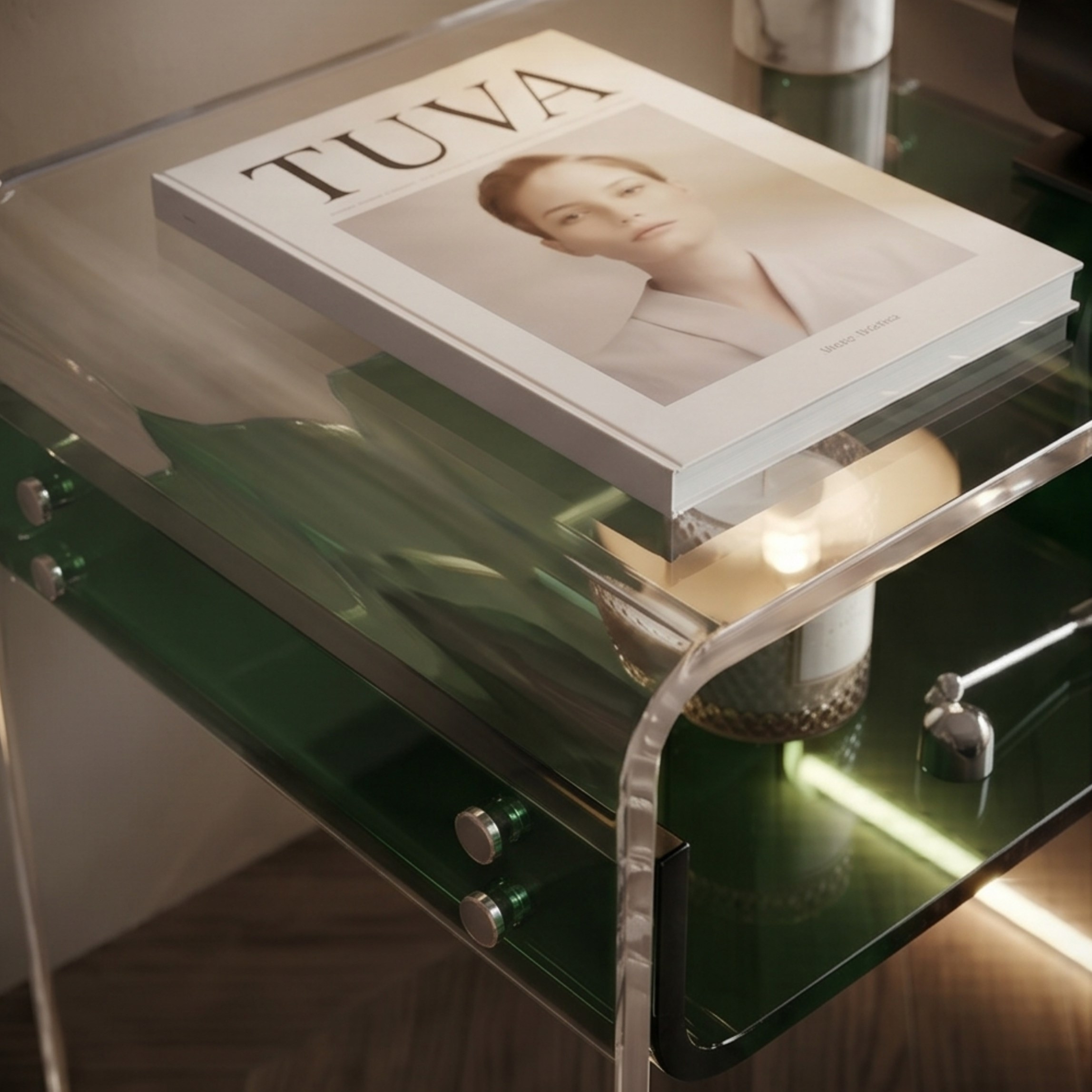 ORBITA SHINE | Led Ayaklı Büküm Raflı Pleksi Yan Sehpa Komodin | TUVA - Orbit Collection