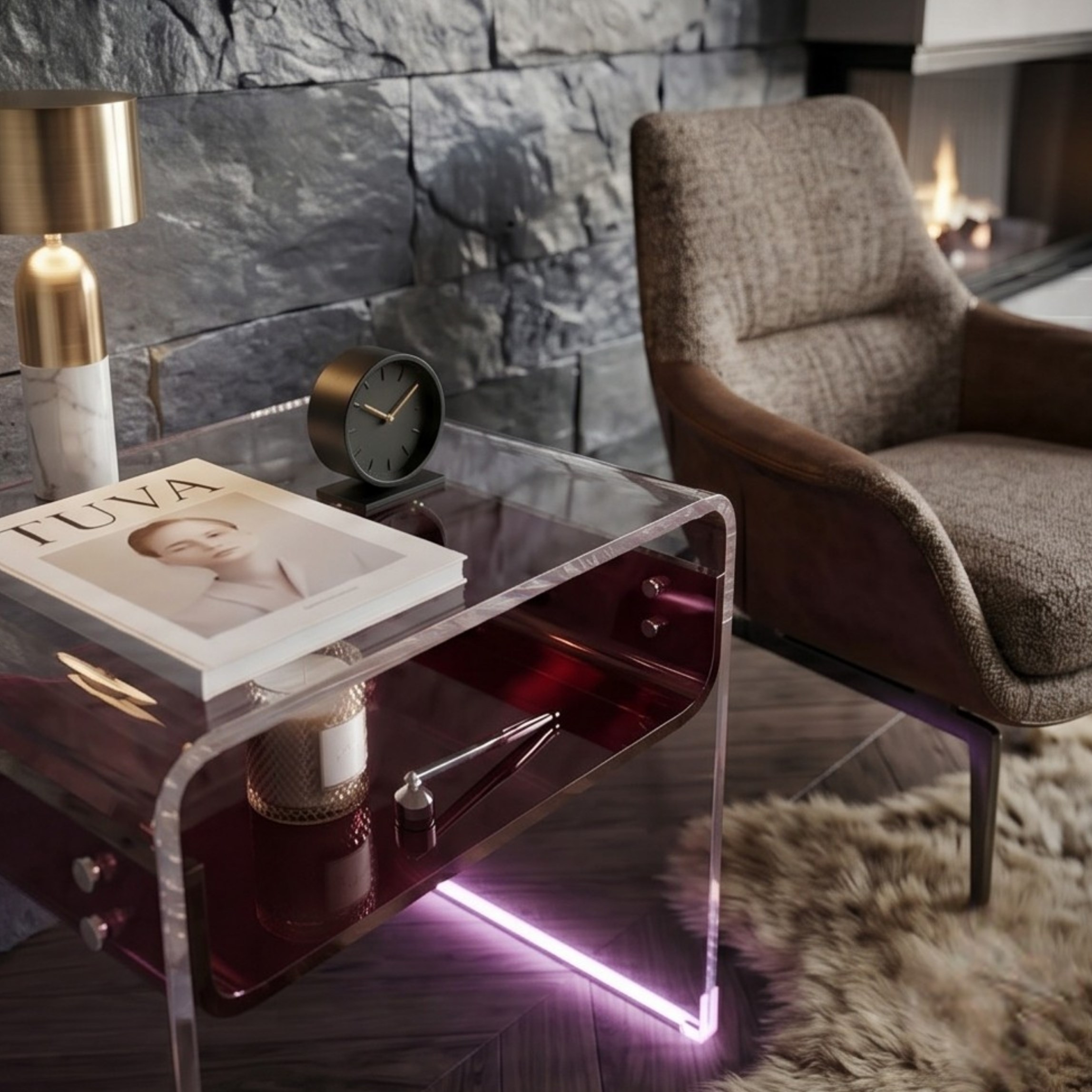 ORBITA SHINE | Led Ayaklı Büküm Raflı Pleksi Yan Sehpa Komodin | TUVA - Orbit Collection