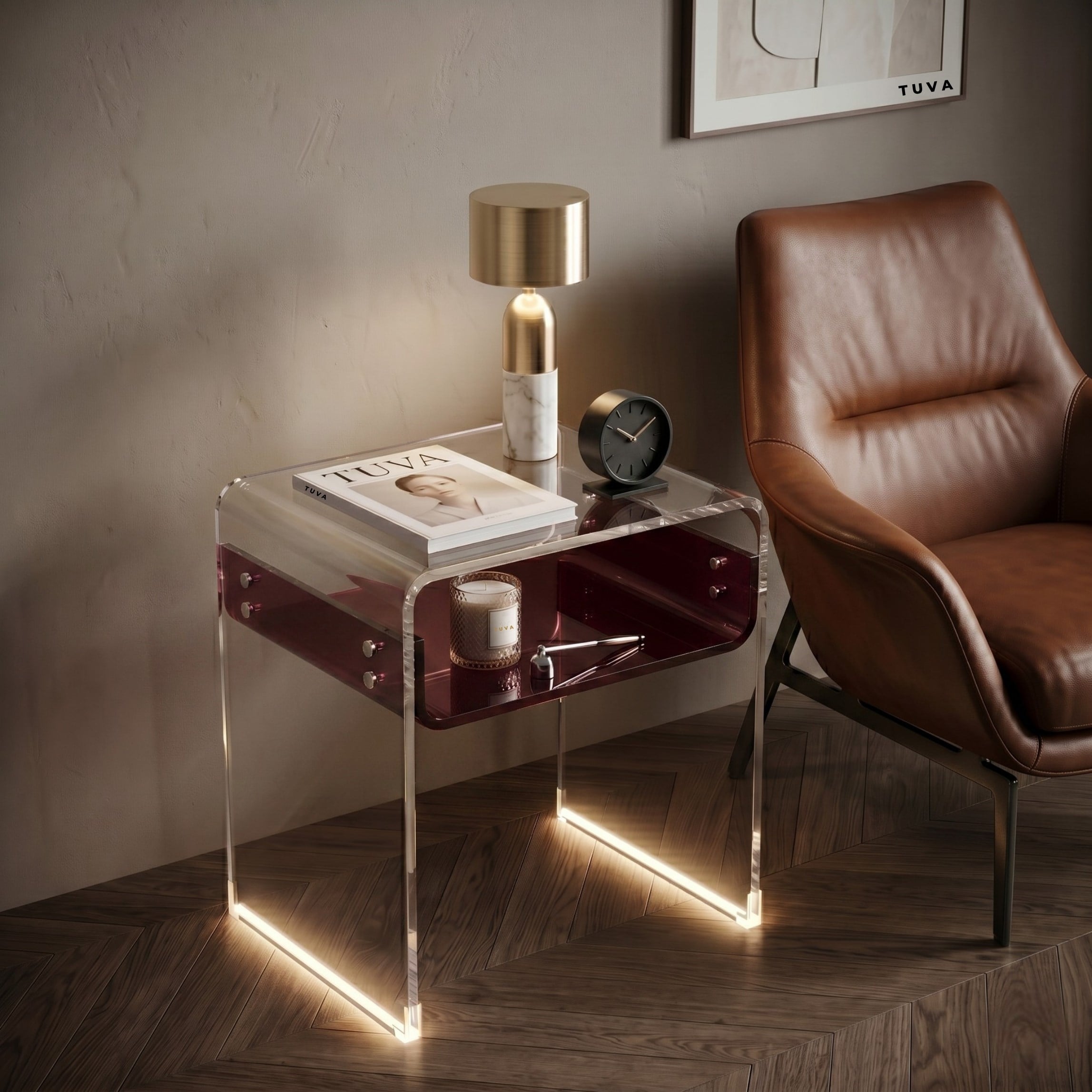 ORBITA SHINE | Led Ayaklı Büküm Raflı Pleksi Yan Sehpa Komodin | TUVA - Orbit Collection