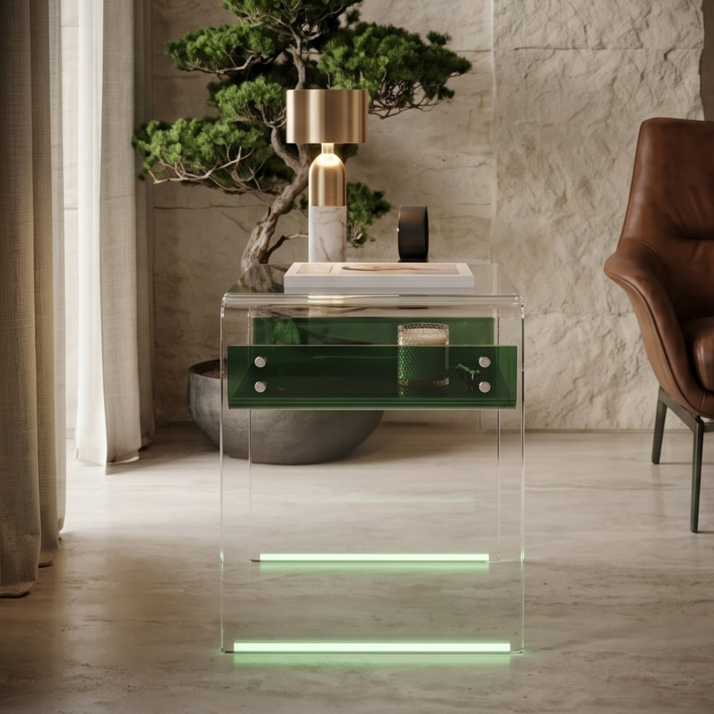 ORBITA SHINE | Led Ayaklı Büküm Raflı Pleksi Yan Sehpa Komodin | TUVA - Orbit Collection