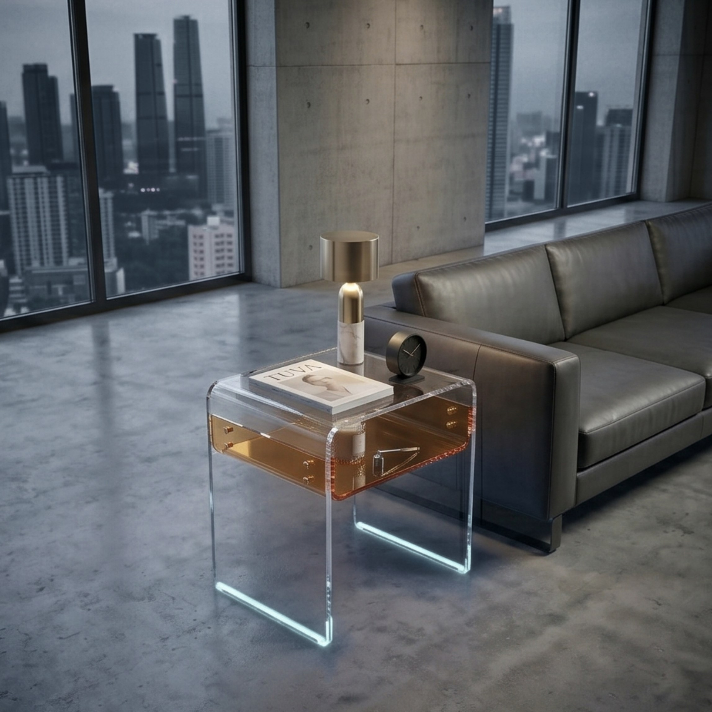 ORBITA SHINE | Led Ayaklı Büküm Raflı Pleksi Yan Sehpa Komodin | TUVA - Orbit Collection