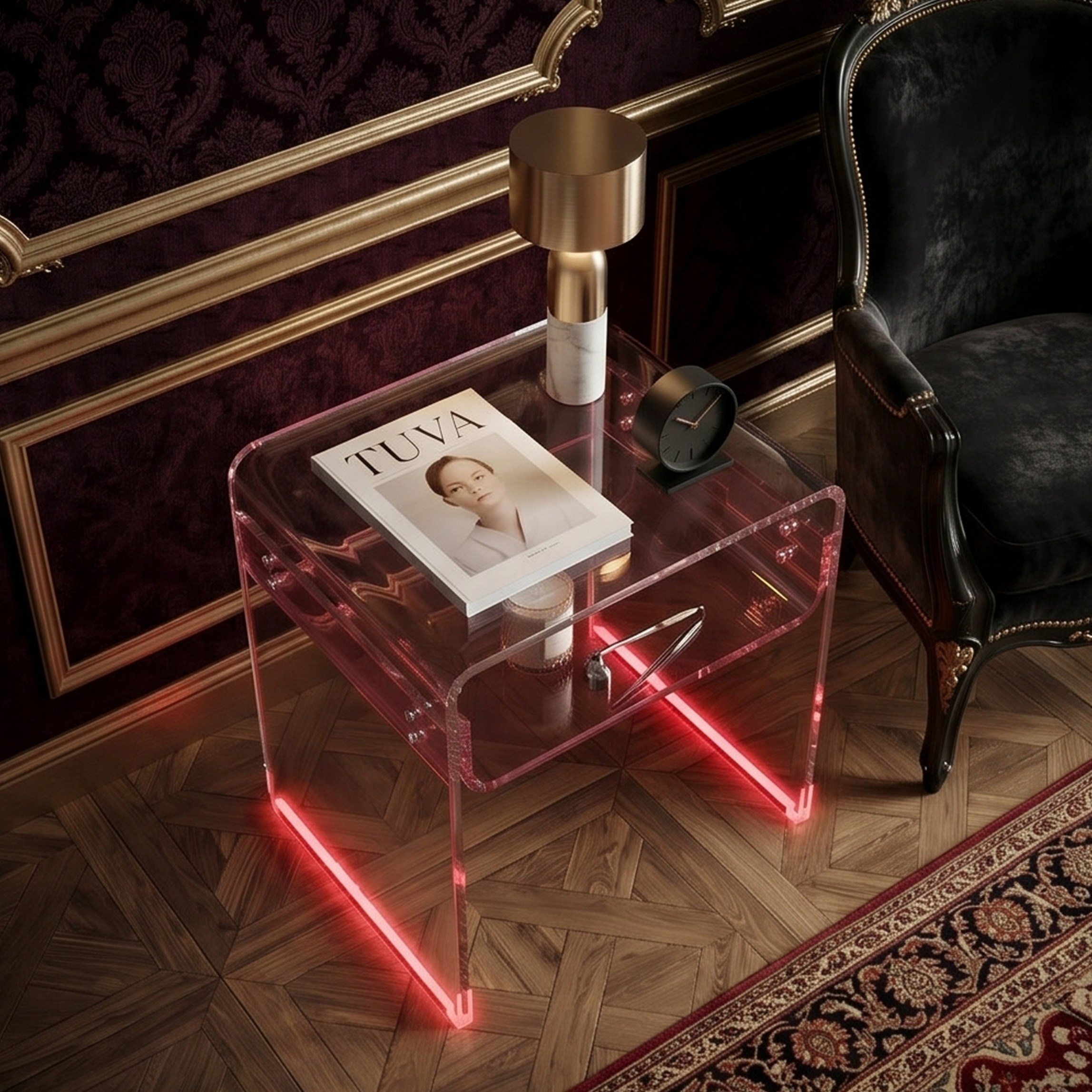 ORBITA SHINE | Led Ayaklı Büküm Raflı Pleksi Yan Sehpa Komodin | TUVA - Orbit Collection