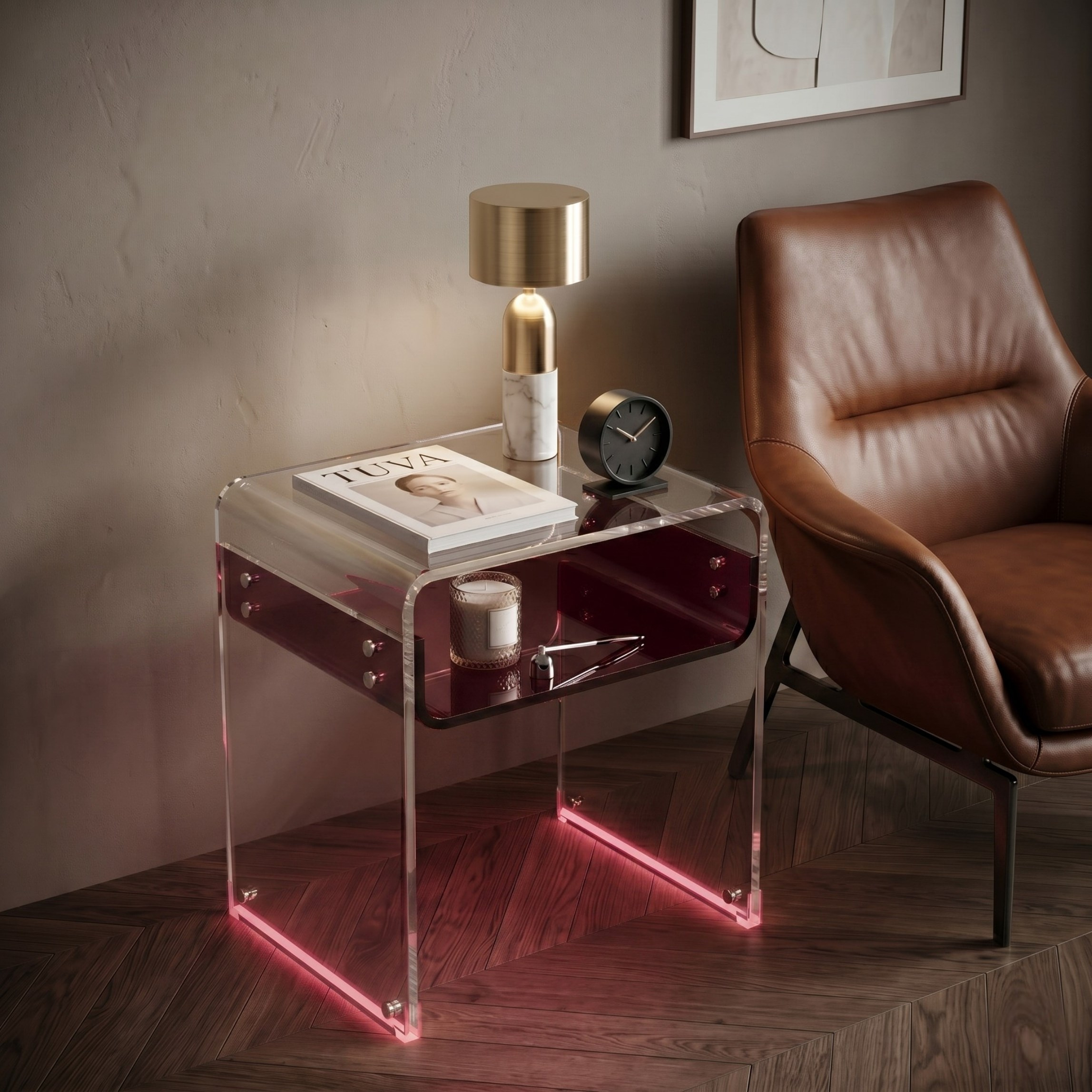 ORBITA SHINE | Led Ayaklı Büküm Raflı Pleksi Yan Sehpa Komodin | TUVA - Orbit Collection