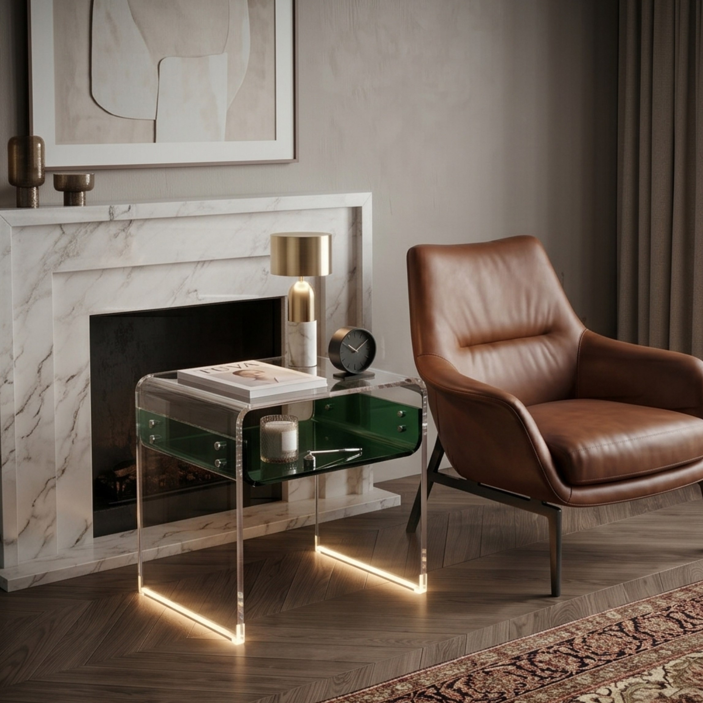 ORBITA SHINE | Led Ayaklı Büküm Raflı Pleksi Yan Sehpa Komodin | TUVA - Orbit Collection