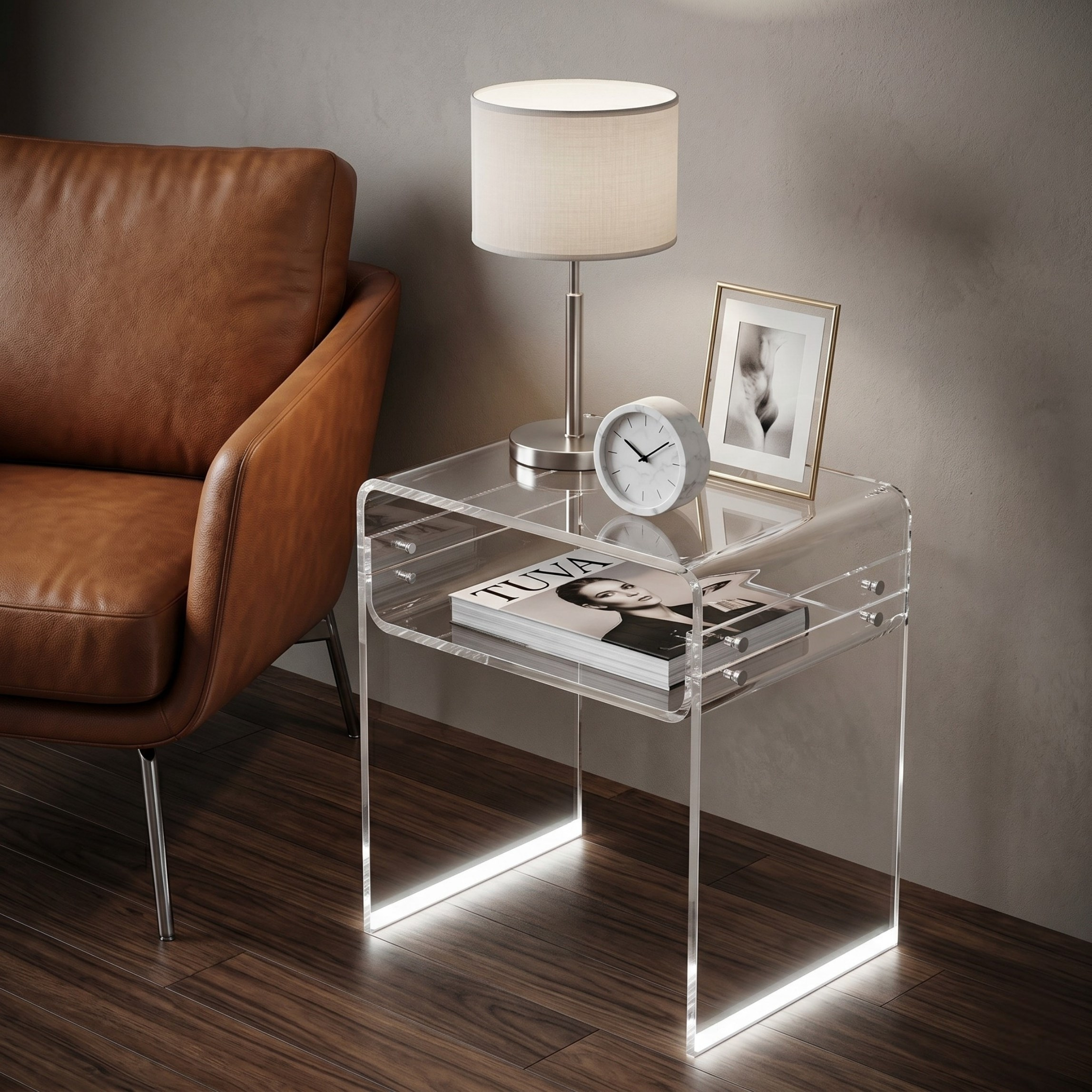 ORBITA SHINE | Led Ayaklı Büküm Raflı Pleksi Yan Sehpa Komodin | TUVA - Orbit Collection