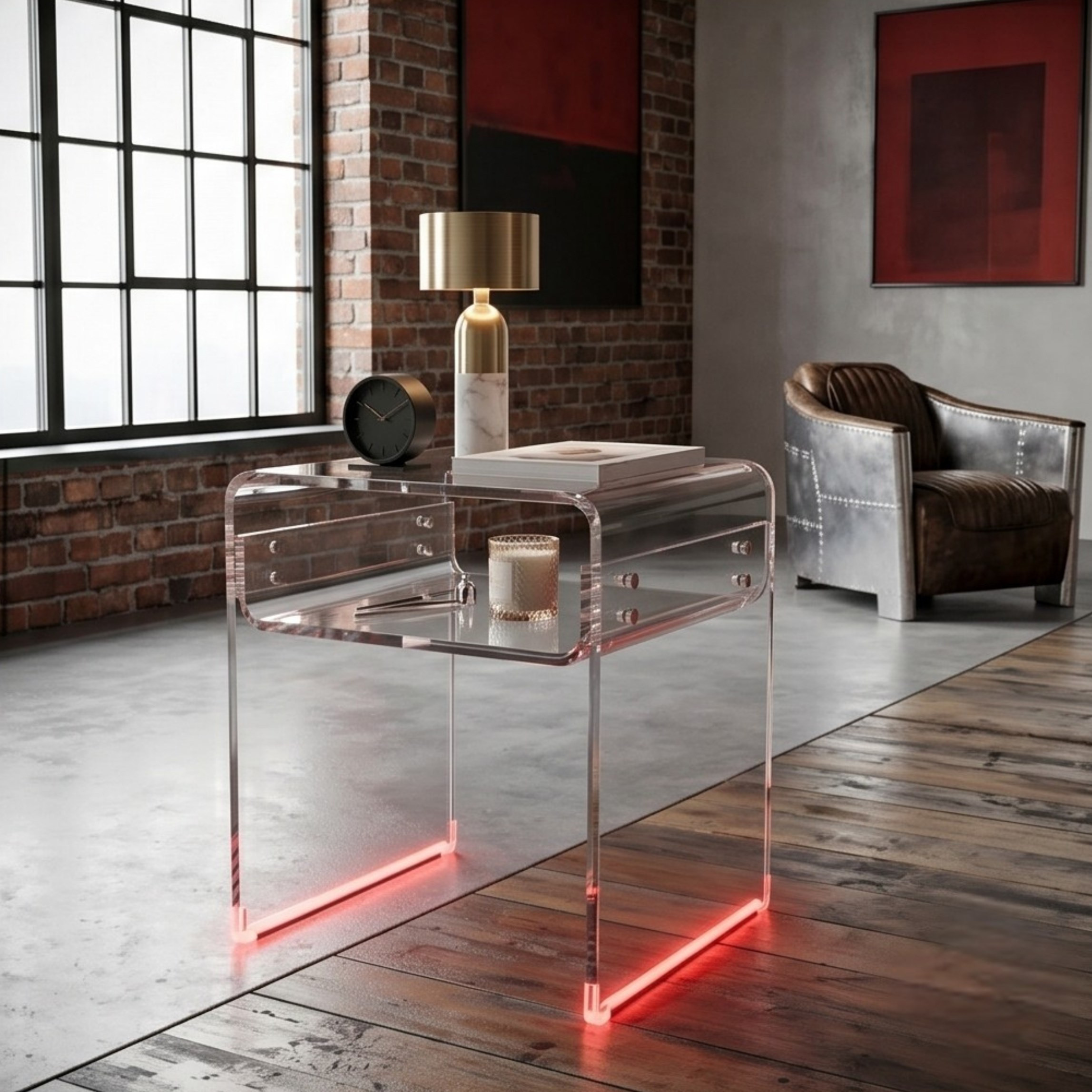 ORBITA SHINE | Led Ayaklı Büküm Raflı Pleksi Yan Sehpa Komodin | TUVA - Orbit Collection
