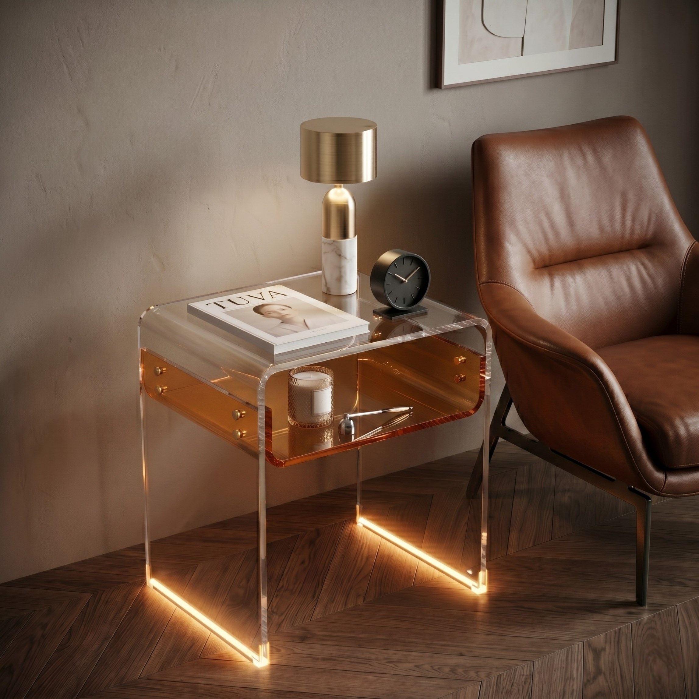 ORBITA SHINE | Led Ayaklı Büküm Raflı Pleksi Yan Sehpa Komodin | TUVA - Orbit Collection
