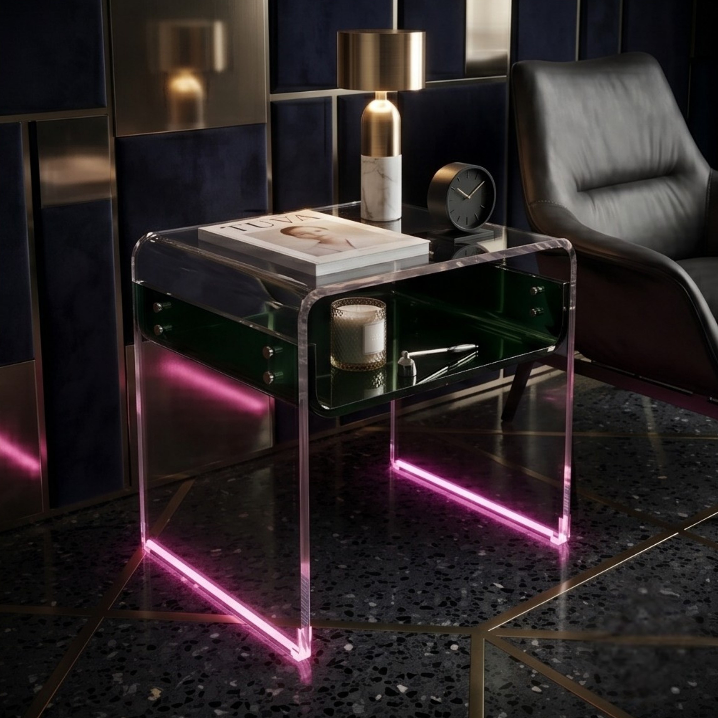 ORBITA SHINE | Led Ayaklı Büküm Raflı Pleksi Yan Sehpa Komodin | TUVA - Orbit Collection