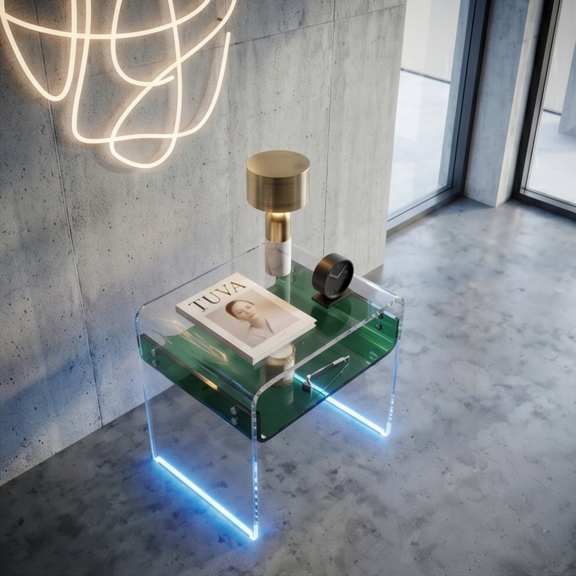 ORBITA SHINE | Led Ayaklı Büküm Raflı Pleksi Yan Sehpa Komodin | TUVA - Orbit Collection