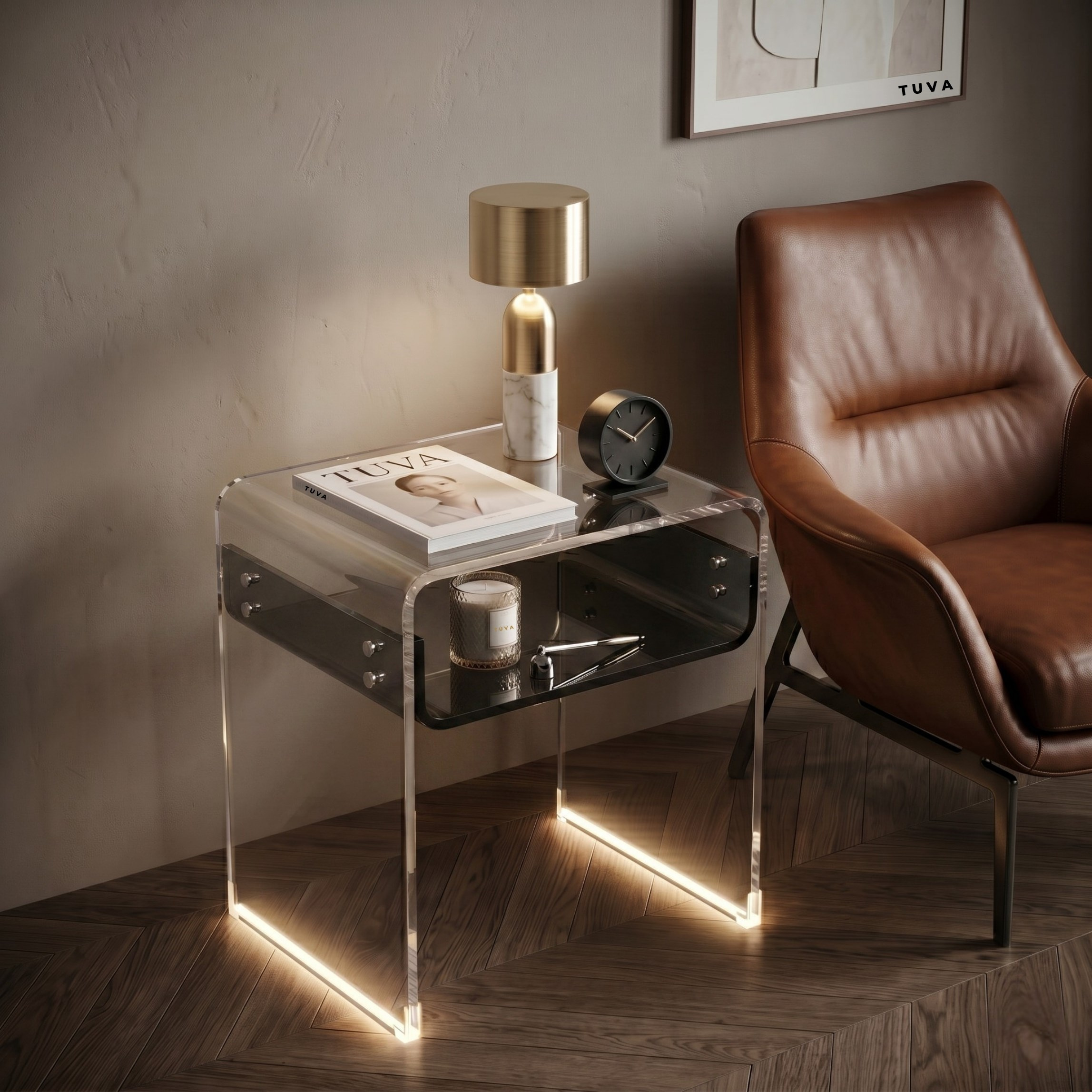 ORBITA SHINE | Led Ayaklı Büküm Raflı Pleksi Yan Sehpa Komodin | TUVA - Orbit Collection