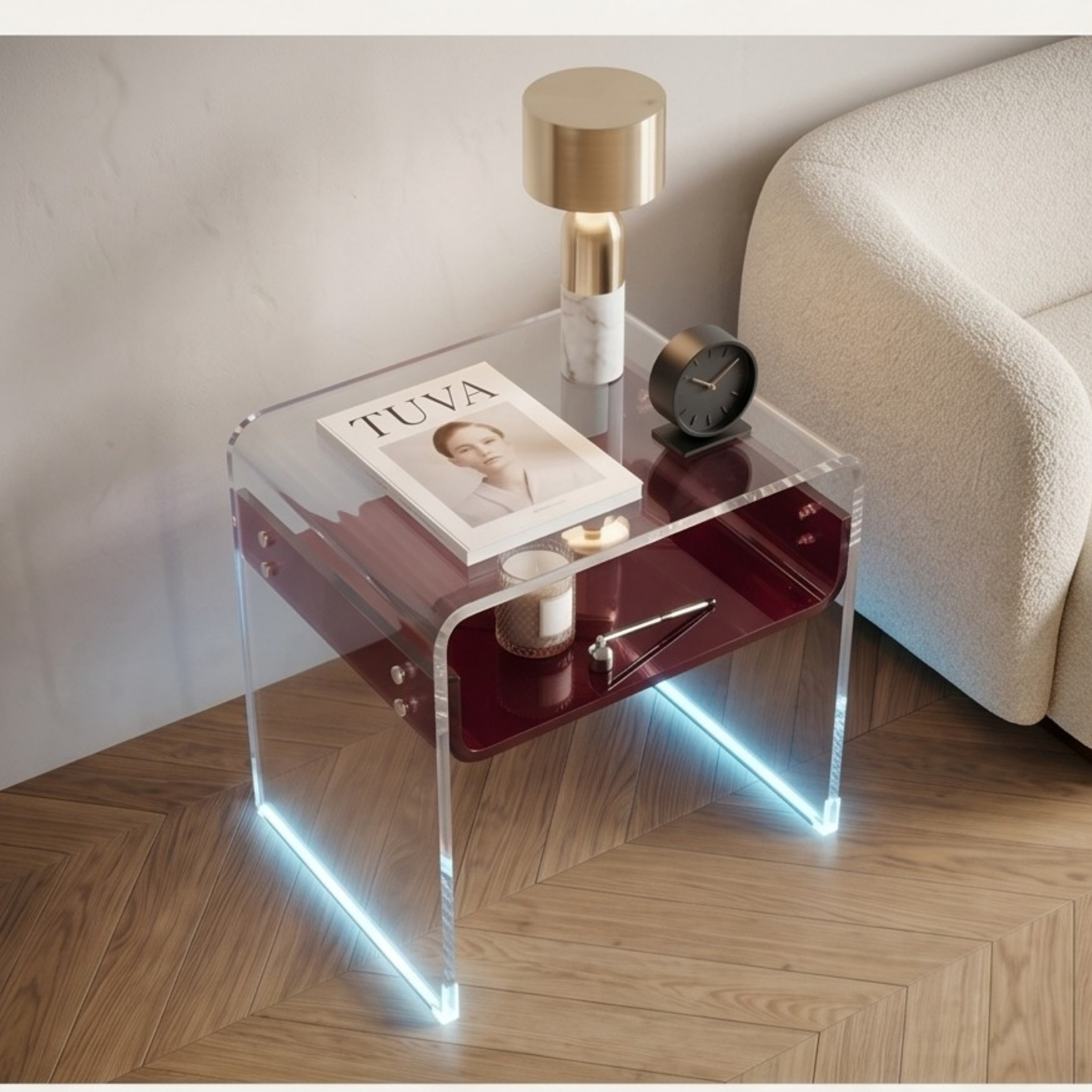 ORBITA SHINE | Led Ayaklı Büküm Raflı Pleksi Yan Sehpa Komodin | TUVA - Orbit Collection