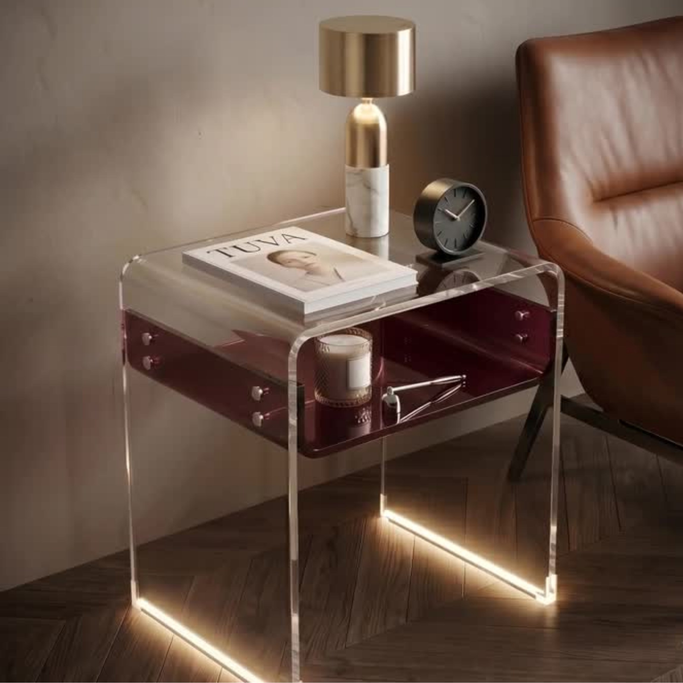 ORBITA SHINE | Led Ayaklı Büküm Raflı Pleksi Yan Sehpa Komodin | TUVA - Orbit Collection