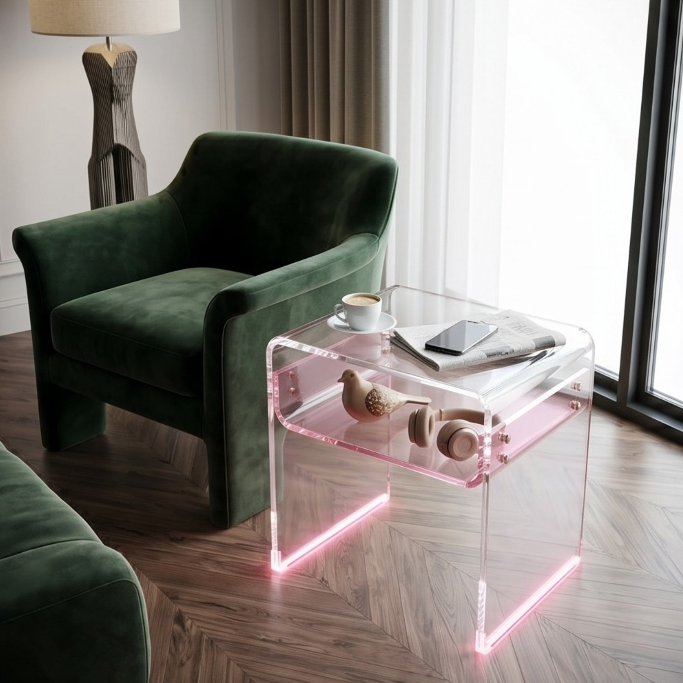 ORBITA SHINE | Led Ayaklı Büküm Raflı Pleksi Yan Sehpa Komodin | TUVA - Orbit Collection