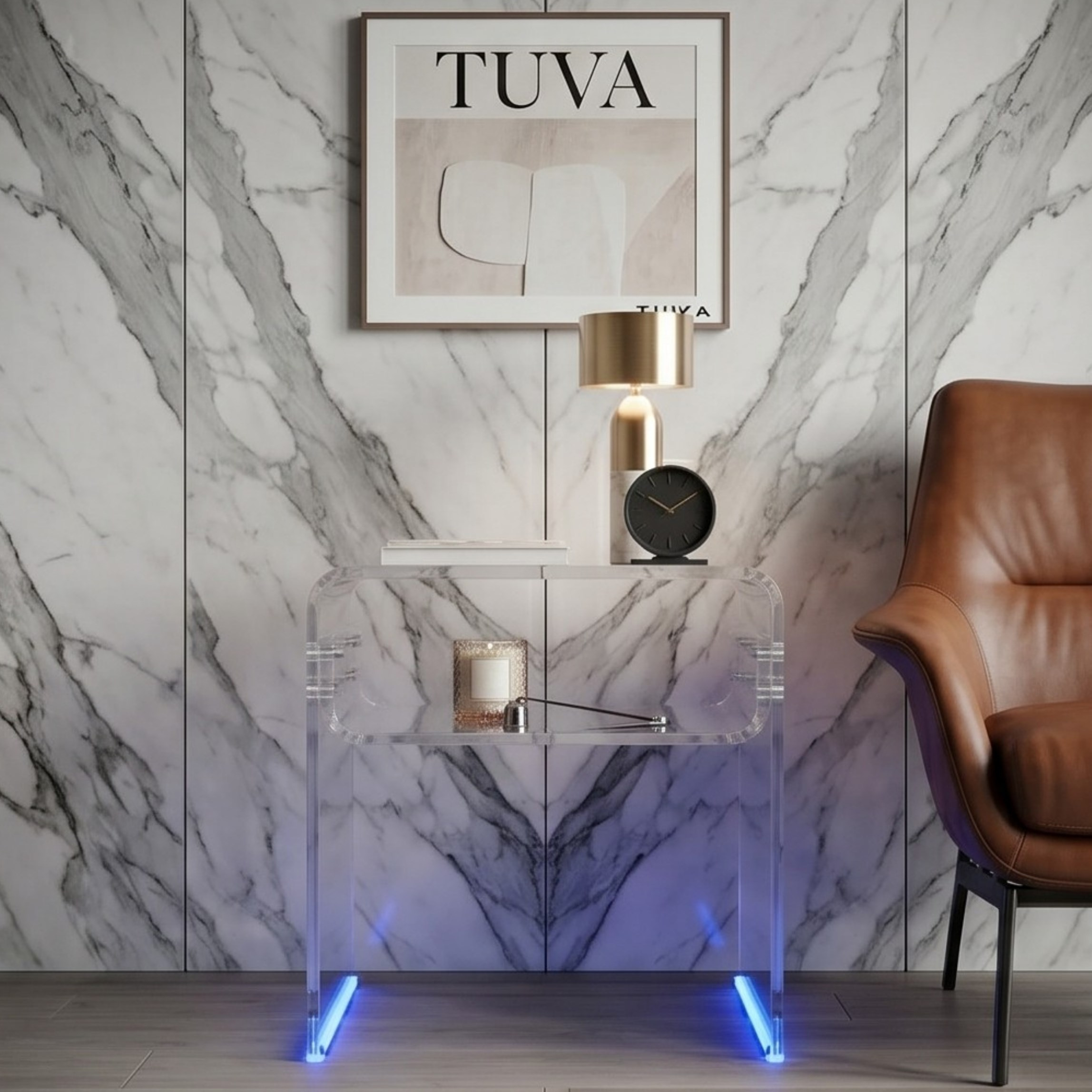 ORBITA SHINE | Led Ayaklı Büküm Raflı Pleksi Yan Sehpa Komodin | TUVA - Orbit Collection