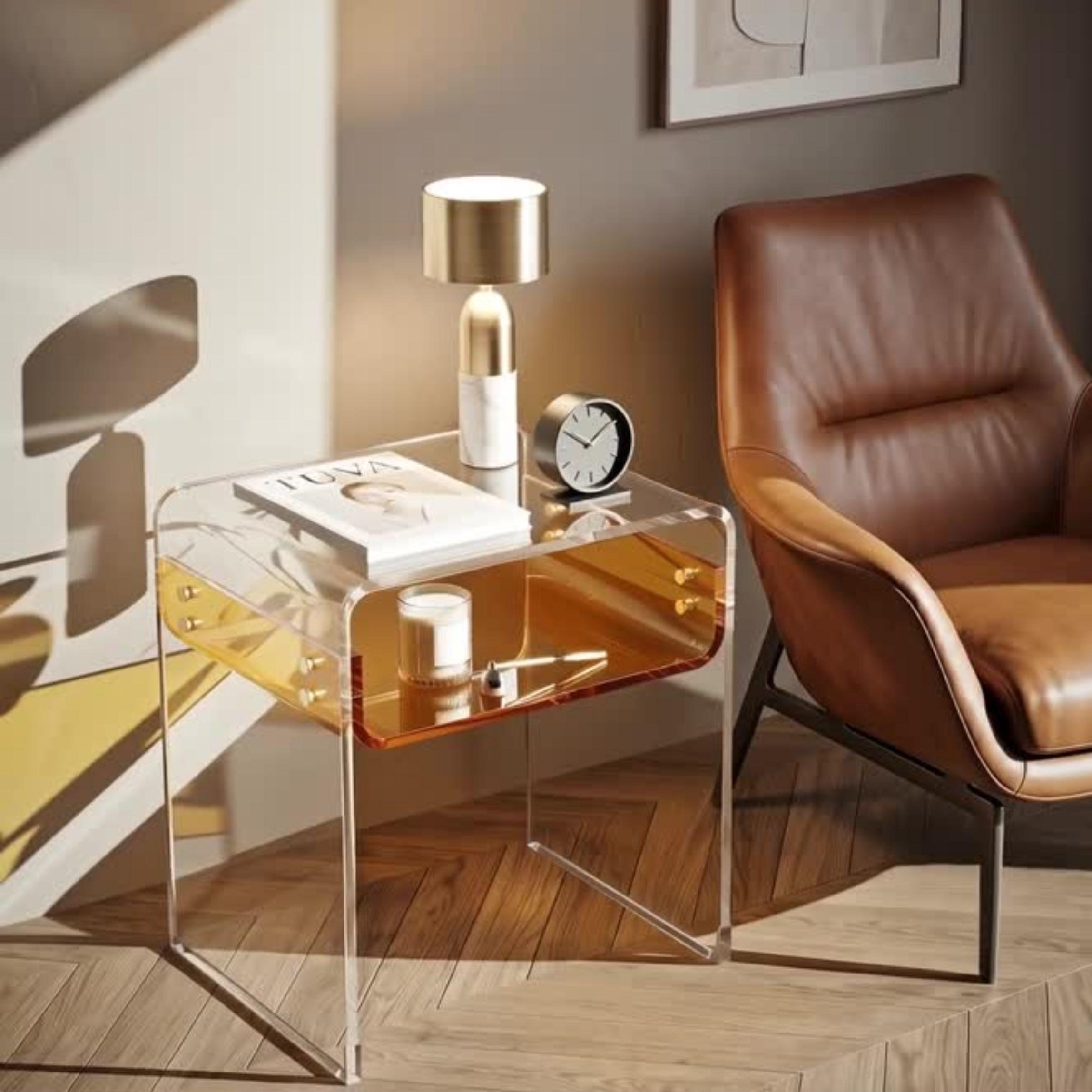 ORBITA SHINE | Led Ayaklı Büküm Raflı Pleksi Yan Sehpa Komodin | TUVA - Orbit Collection