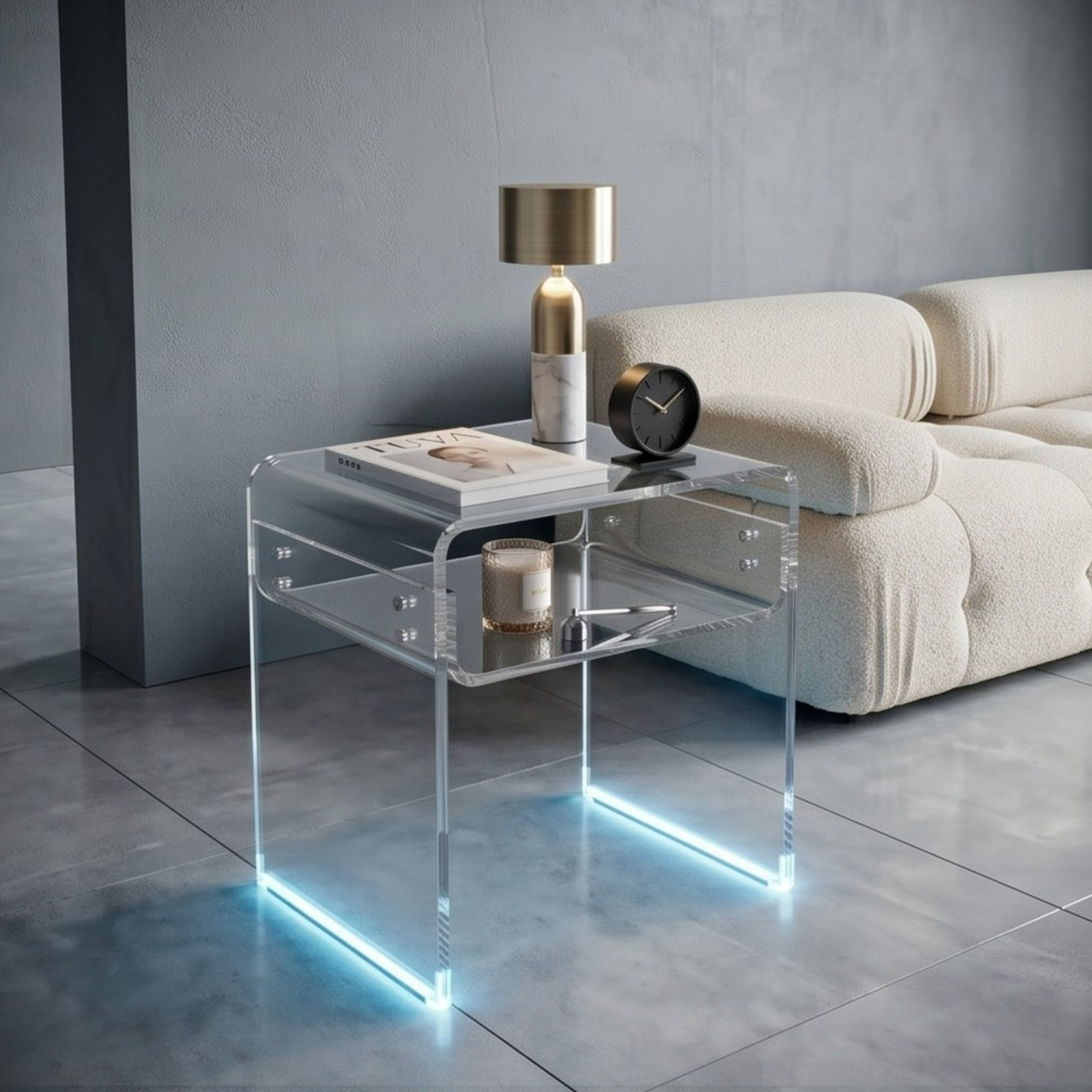 ORBITA SHINE | Led Ayaklı Büküm Raflı Pleksi Yan Sehpa Komodin | TUVA - Orbit Collection