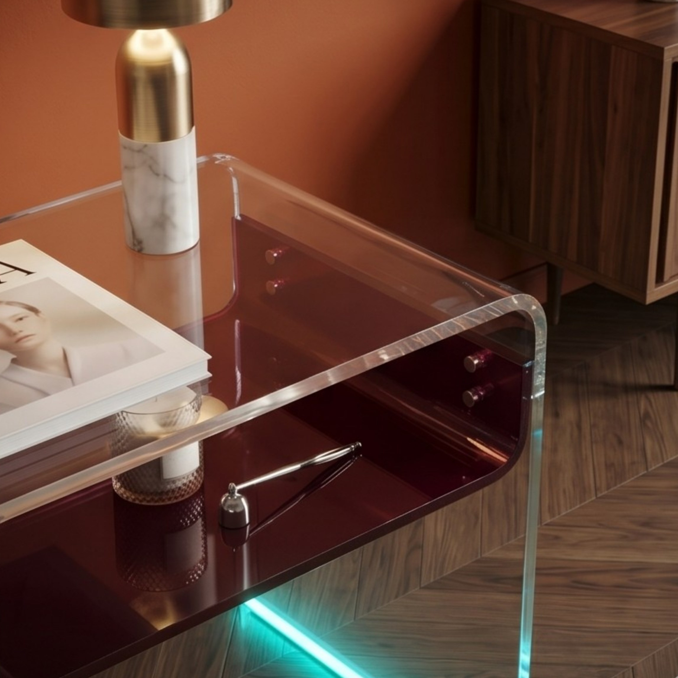 ORBITA SHINE | Led Ayaklı Büküm Raflı Pleksi Yan Sehpa Komodin | TUVA - Orbit Collection