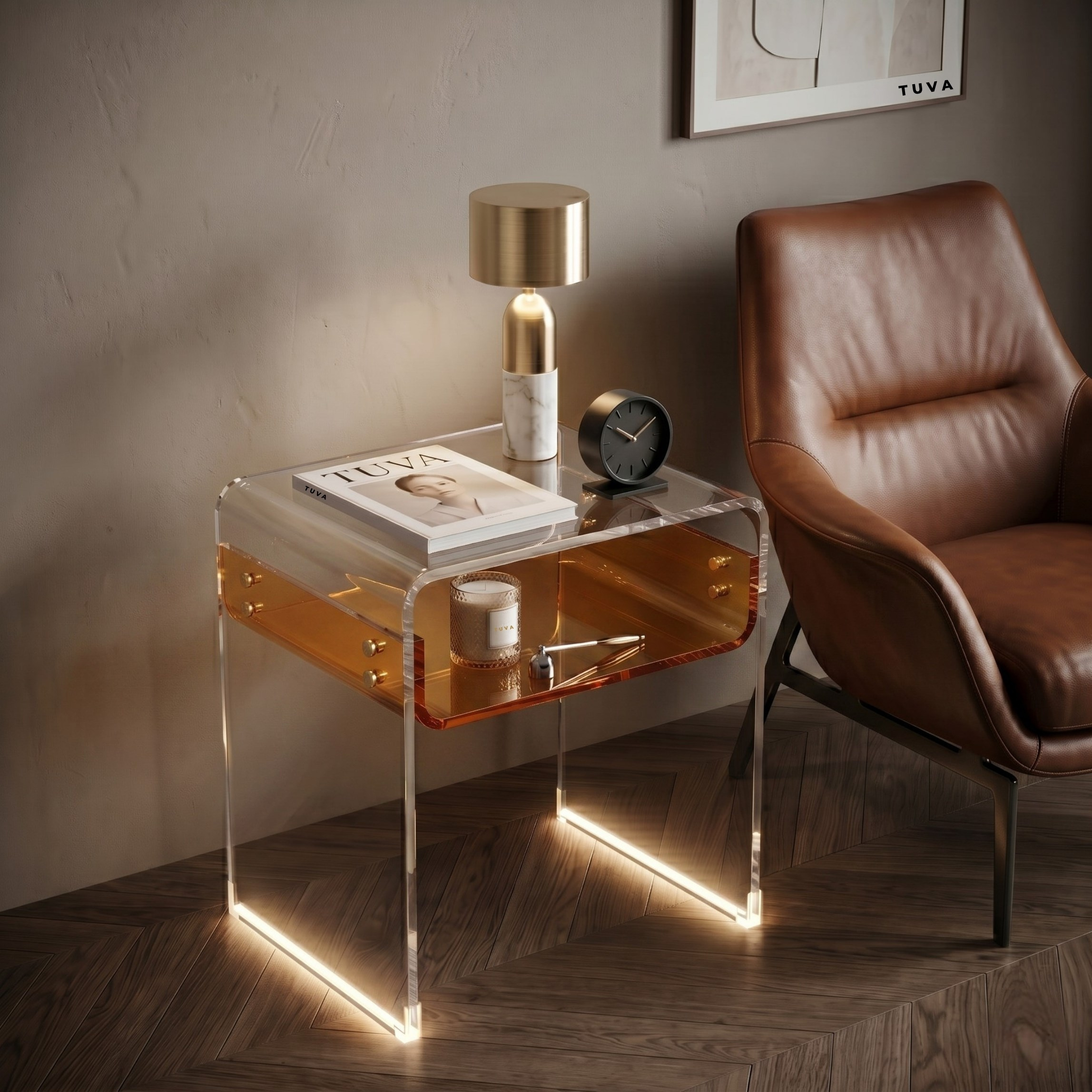 ORBITA SHINE | Led Ayaklı Büküm Raflı Pleksi Yan Sehpa Komodin | TUVA - Orbit Collection