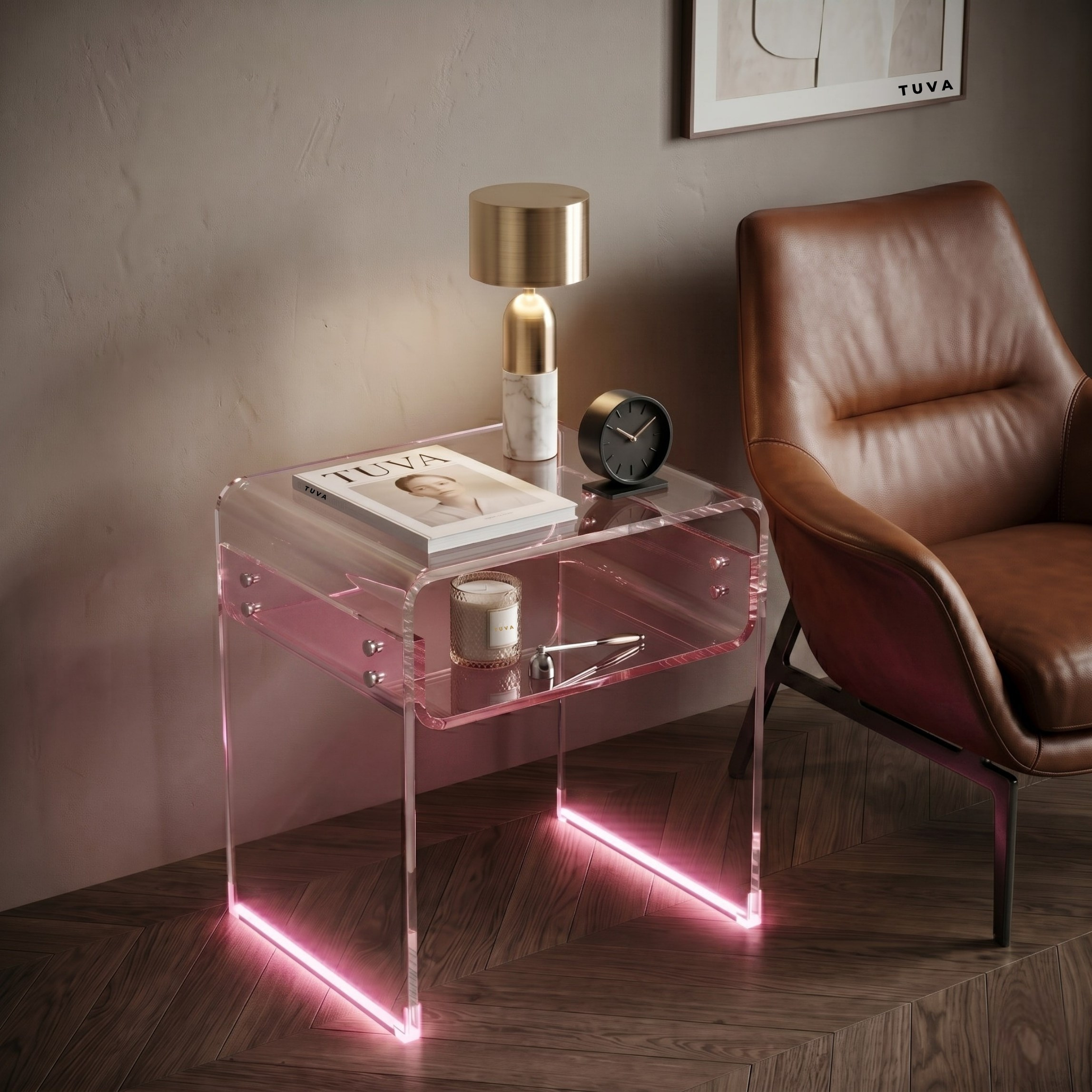 ORBITA SHINE | Led Ayaklı Büküm Raflı Pleksi Yan Sehpa Komodin | TUVA - Orbit Collection