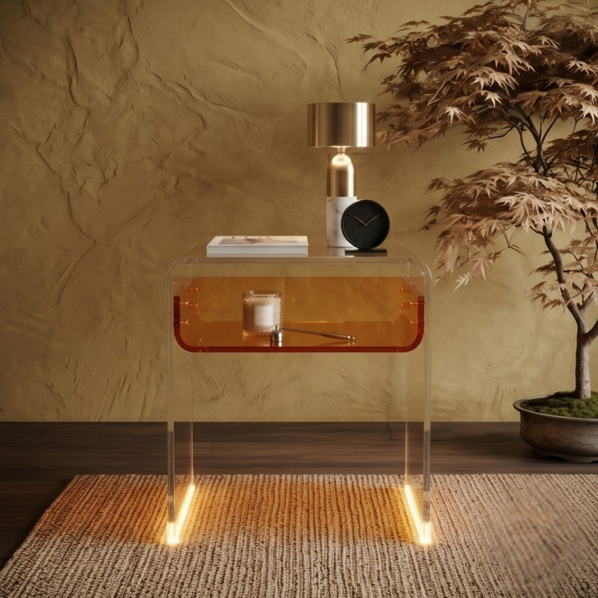 ORBITA SHINE | Led Ayaklı Büküm Raflı Pleksi Yan Sehpa Komodin | TUVA - Orbit Collection
