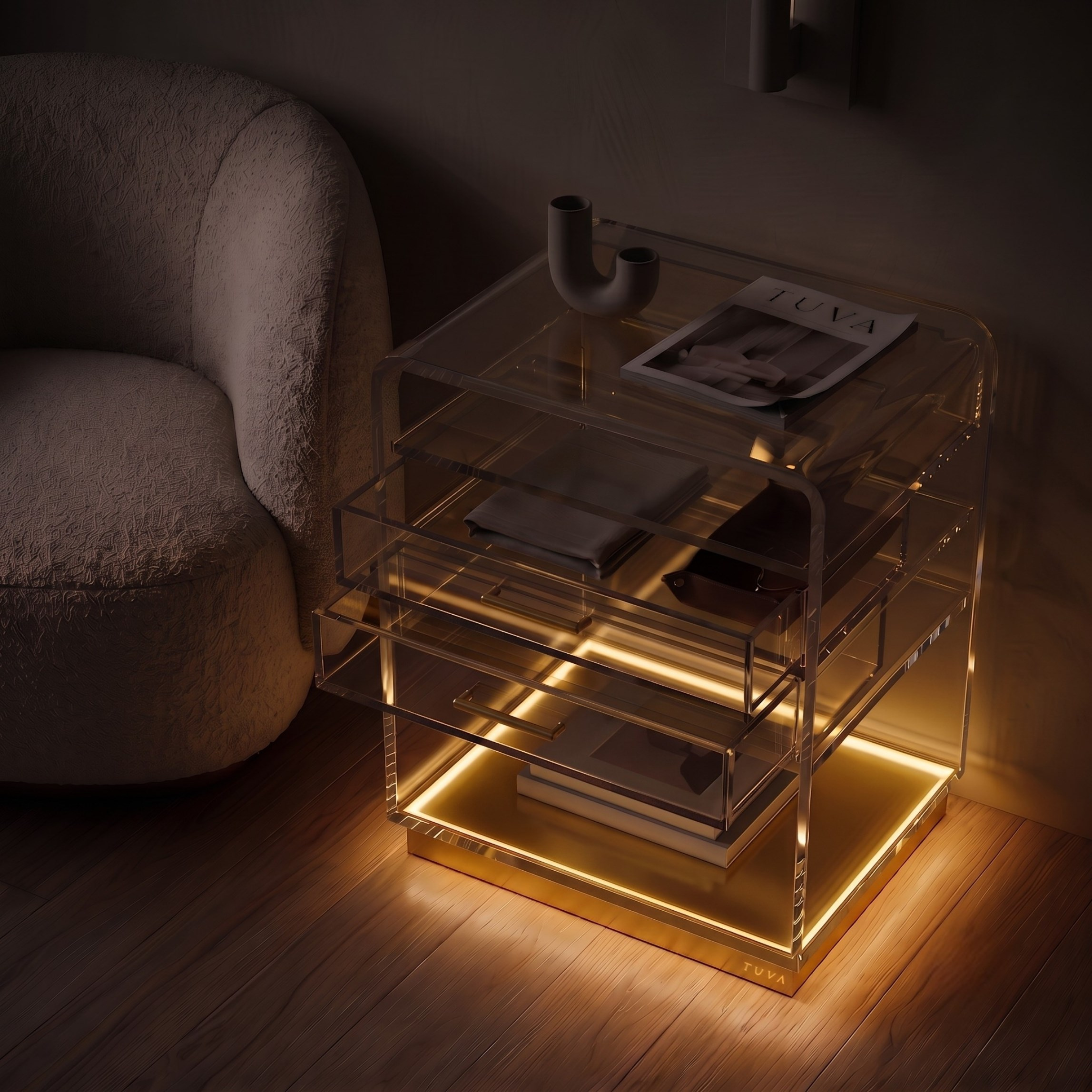 ORBYLIGHT | LED Işıklı Akrilik Komodin & Yan Sehpa — Uzaktan Kumandalı, 100+ Renk Seçenekli
