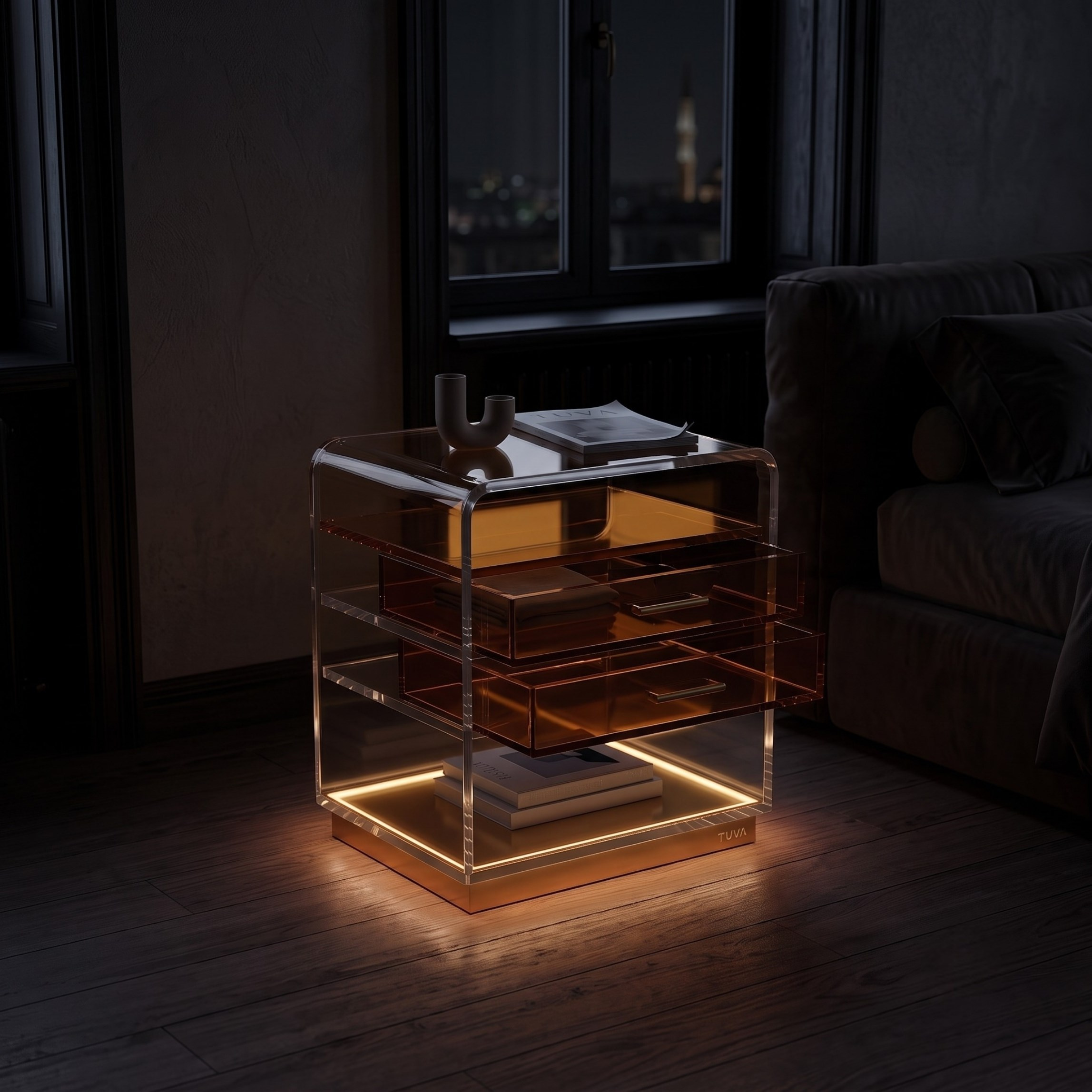 ORBYLIGHT | LED Işıklı Akrilik Komodin & Yan Sehpa — Uzaktan Kumandalı, 100+ Renk Seçenekli